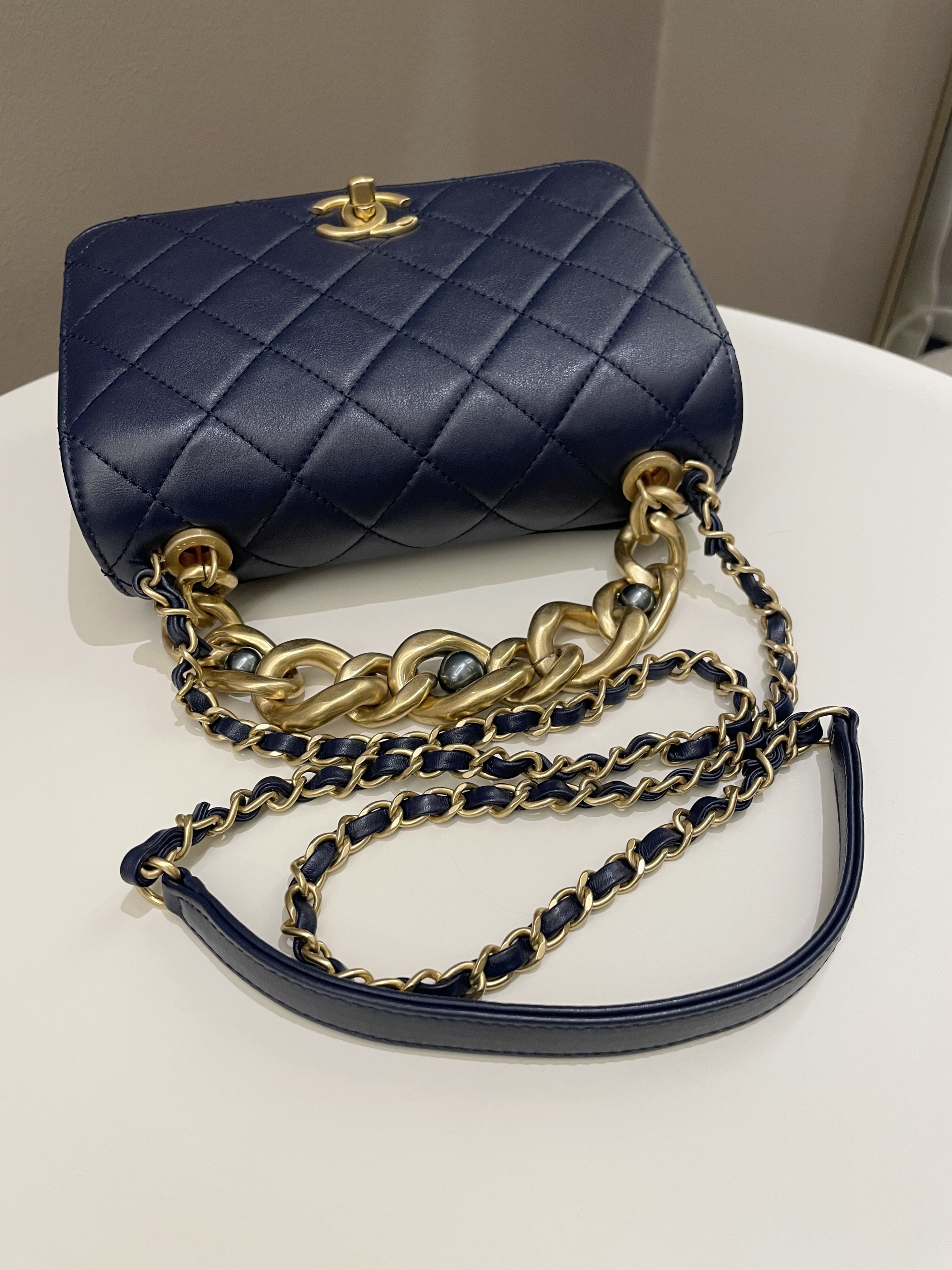 Chanel Chain Top Accordian Bag Navy Calfskin