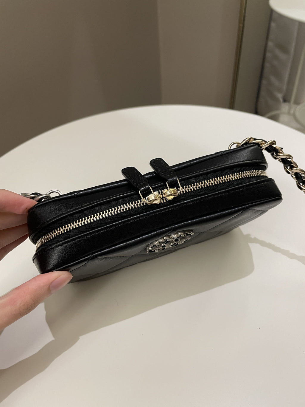 Chanel 19 Quilted Camera Sling Bag Black Lambskin