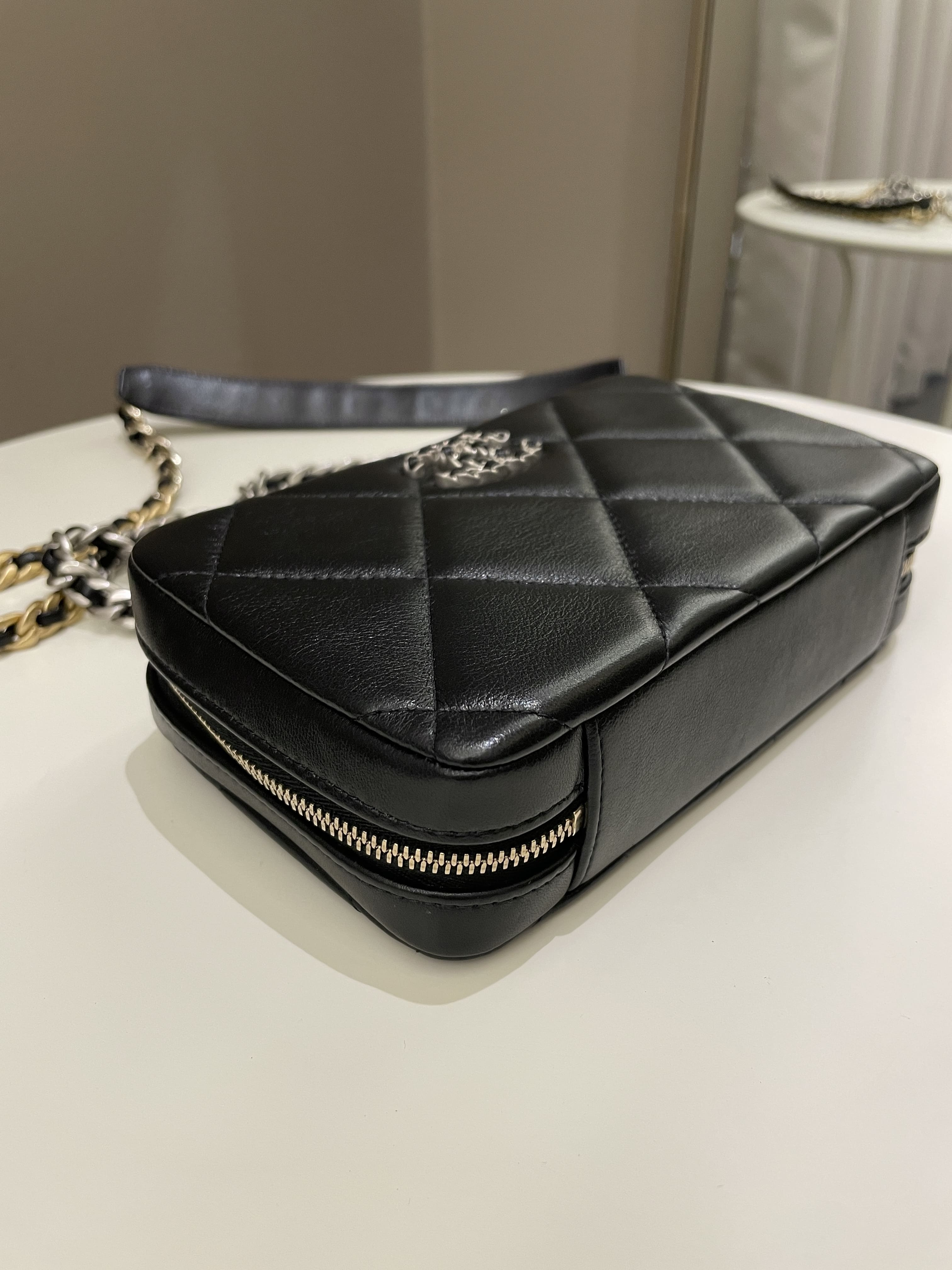 Chanel 19 Quilted Camera Sling Bag Black Lambskin