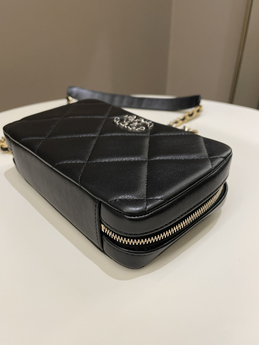 Chanel 19 Quilted Camera Sling Bag Black Lambskin