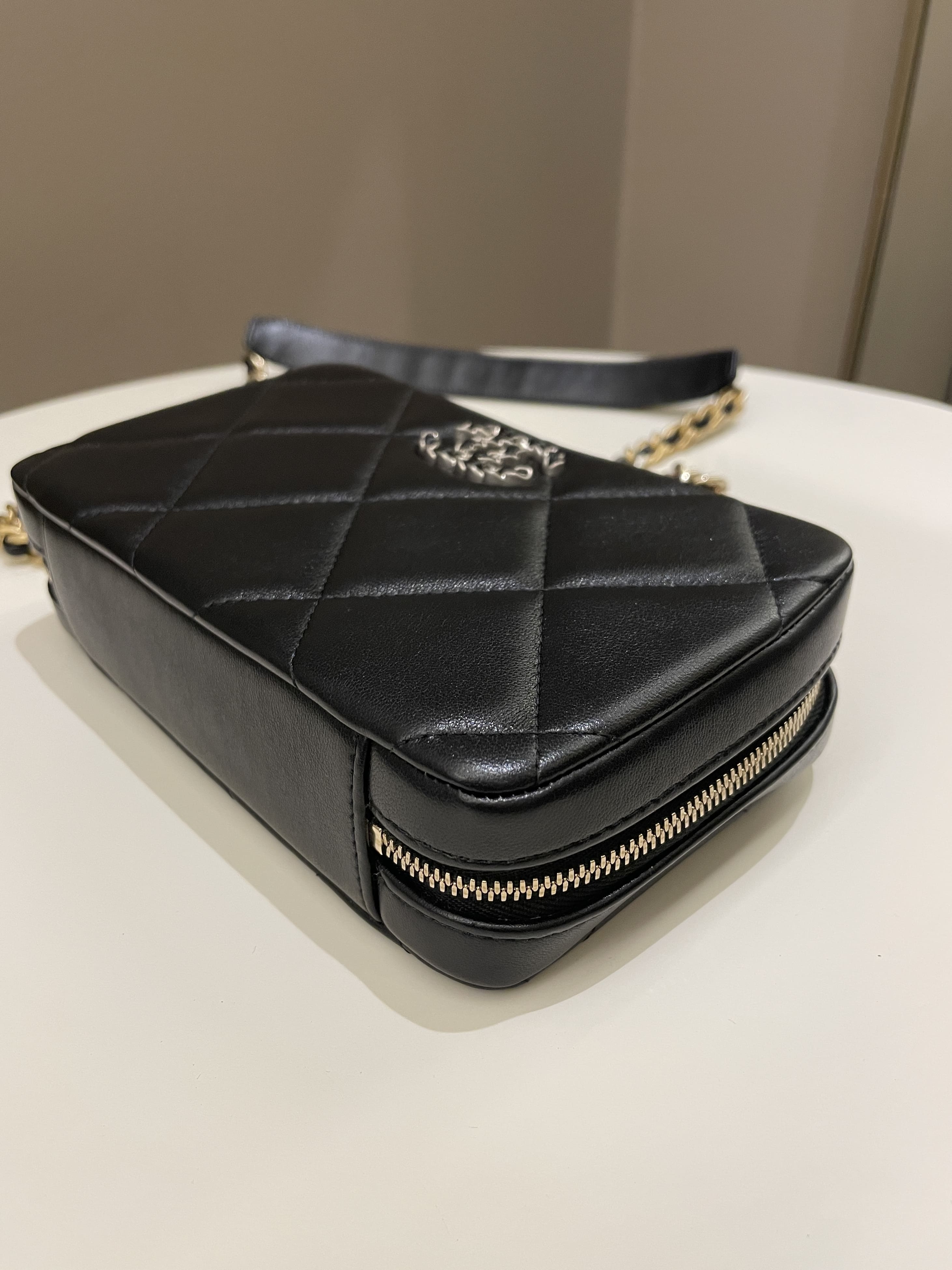 Chanel 19 Quilted Camera Sling Bag Black Lambskin