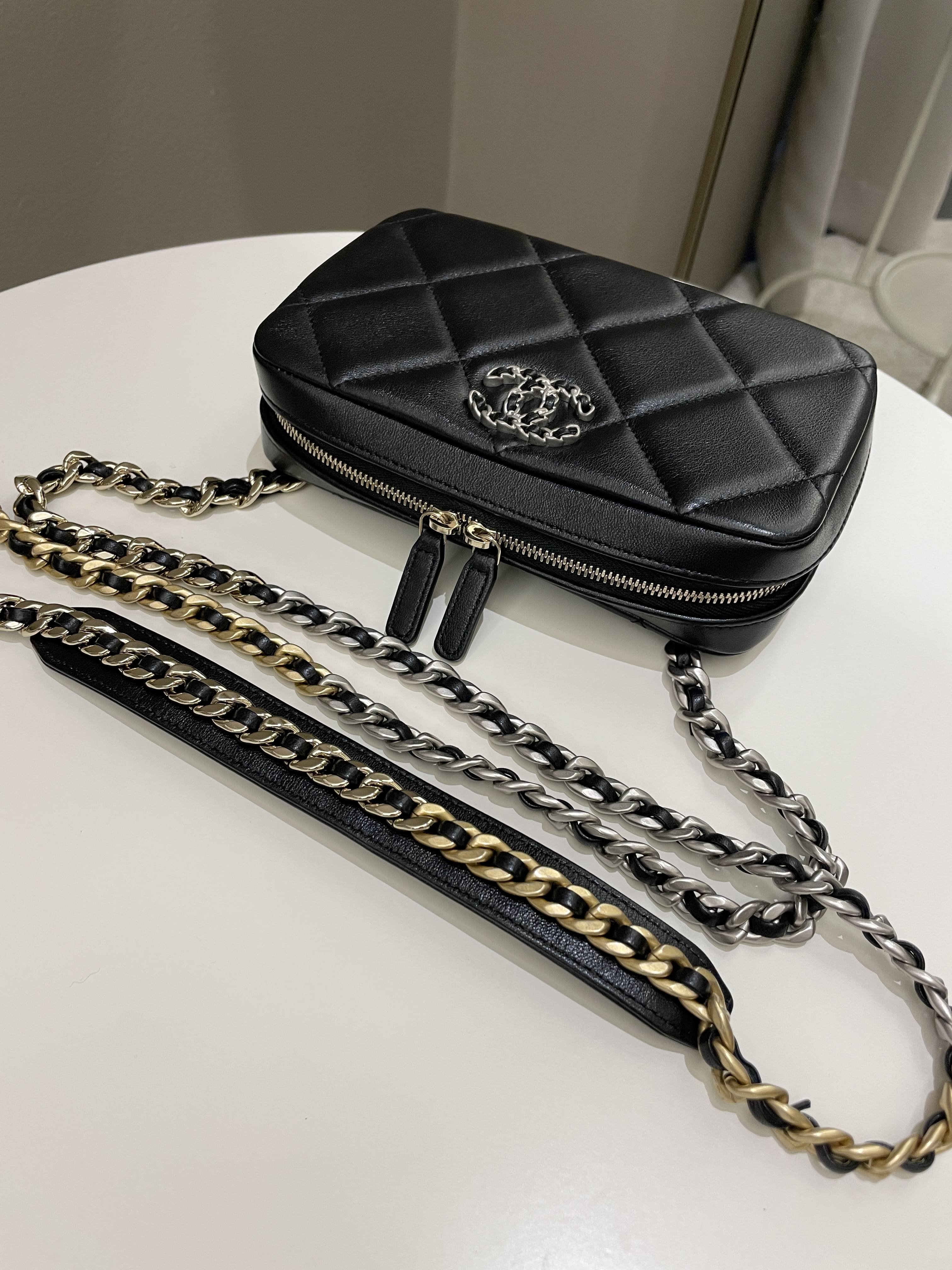 Chanel 19 Quilted Camera Sling Bag Black Lambskin