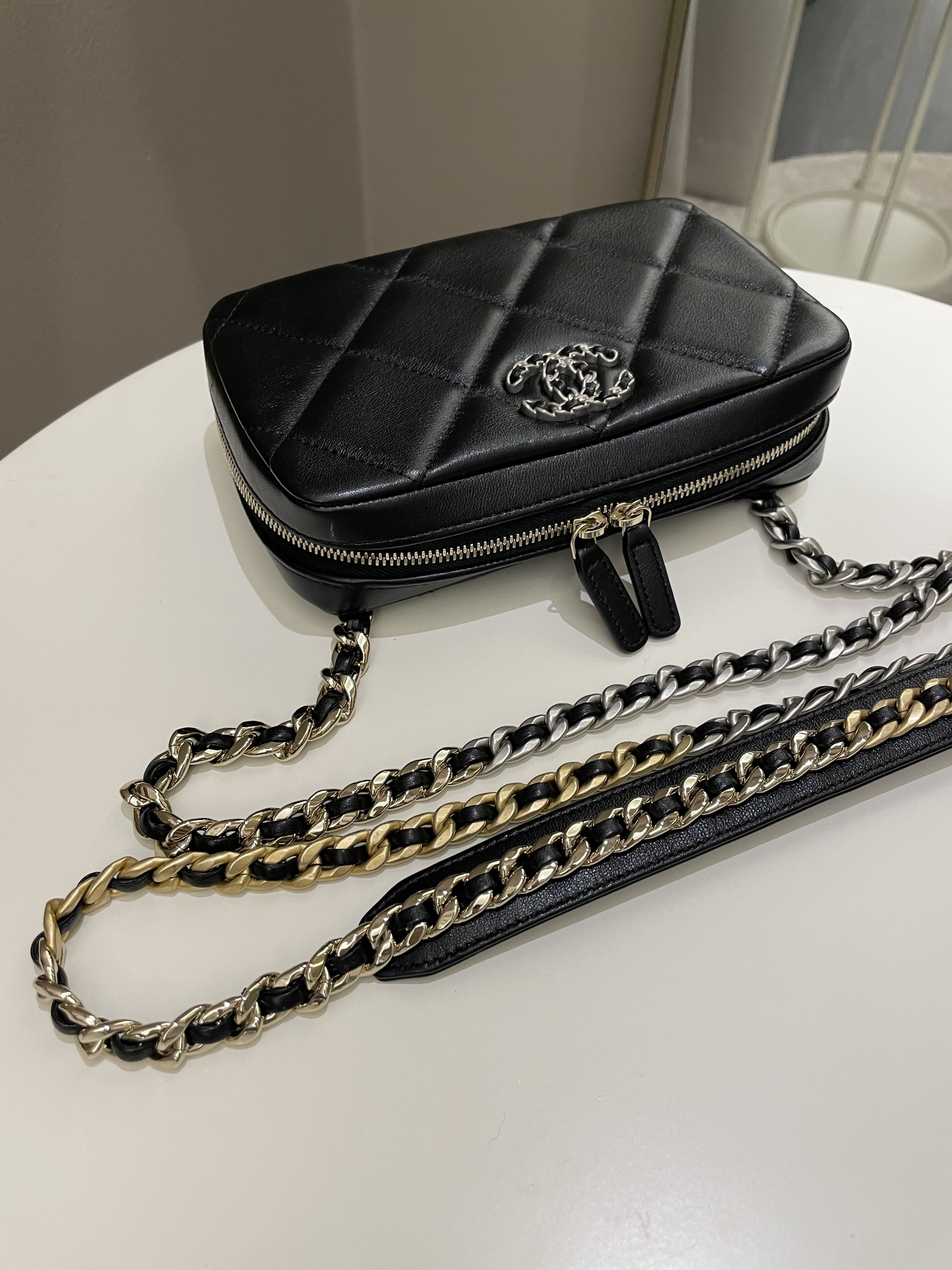 Chanel 19 Quilted Camera Sling Bag Black Lambskin