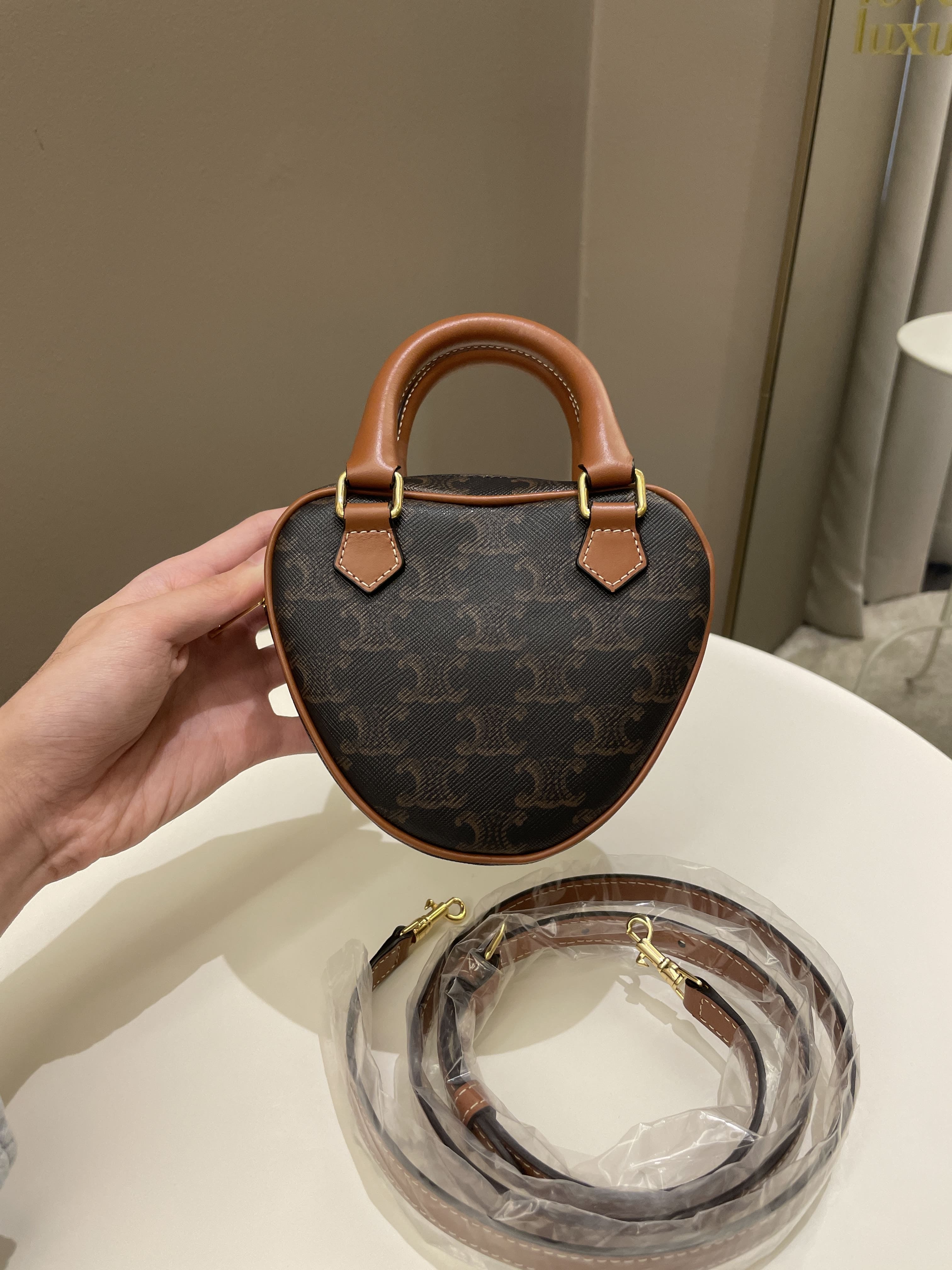 Celine Heart Triomphe Bag Tan Canvas/ Calfskin