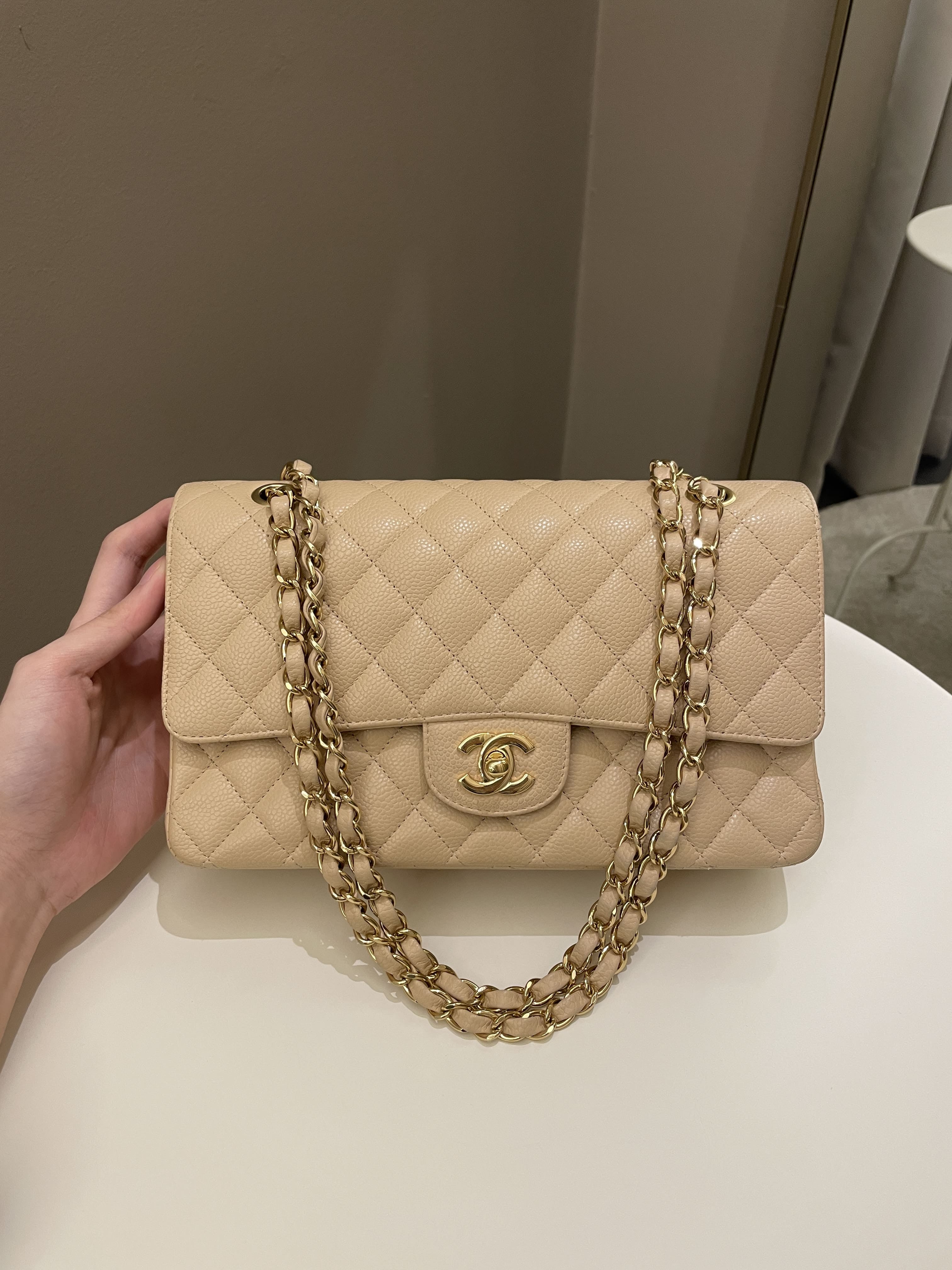 Chanel Classic Medium Double Flap Beige Clair Caviar