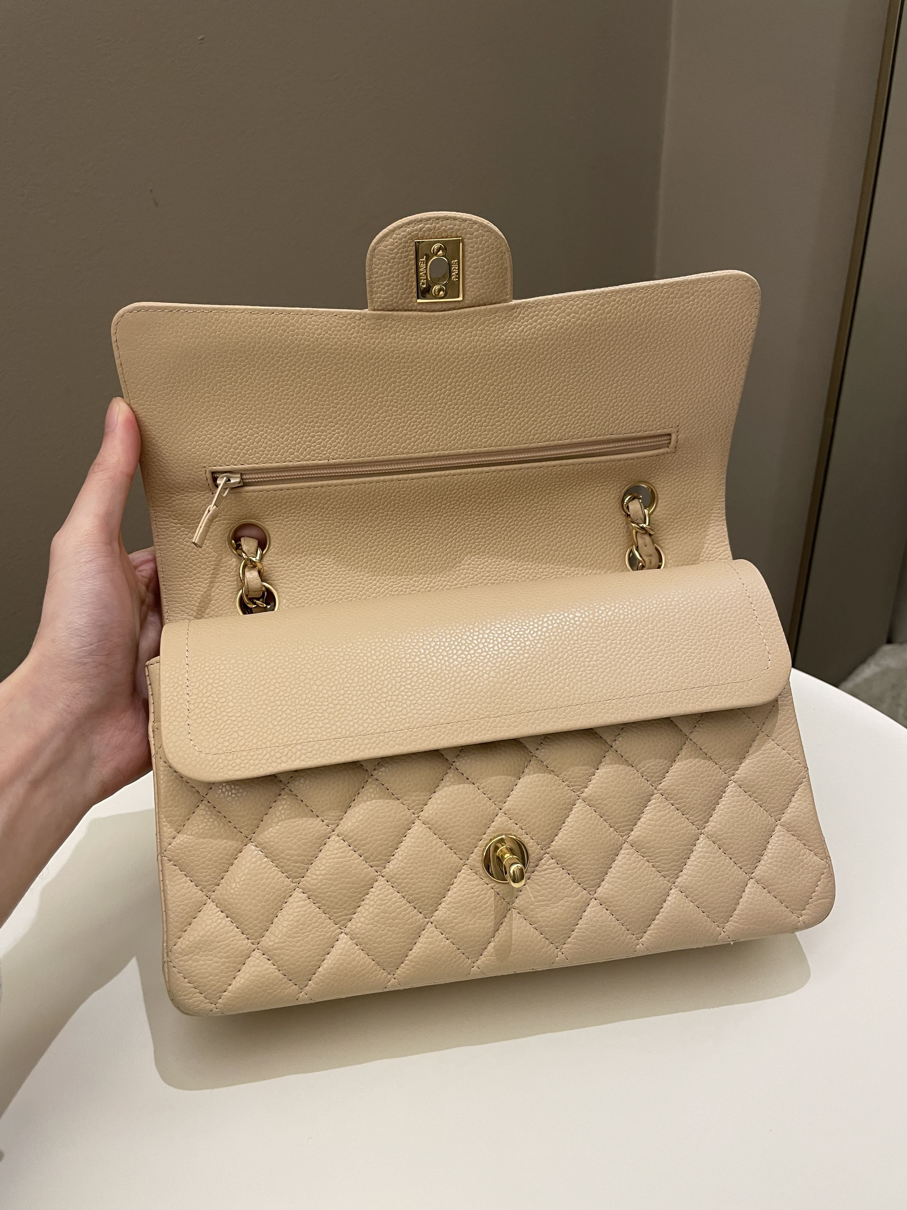 Chanel Classic Medium Double Flap Beige Clair Caviar