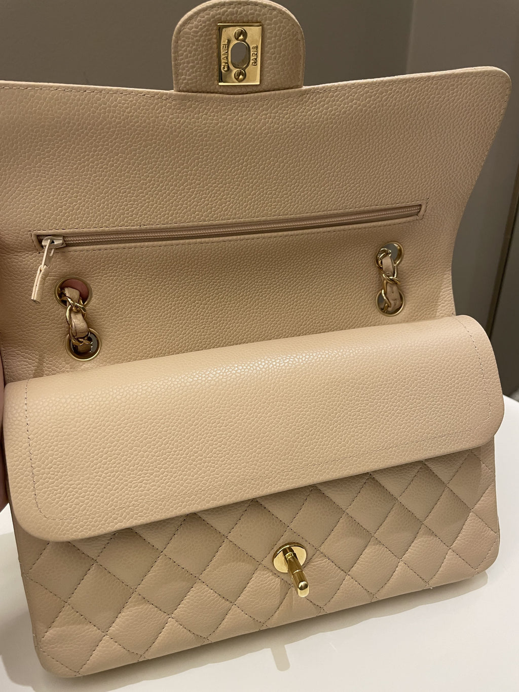 Chanel Classic Medium Double Flap Beige Clair Caviar