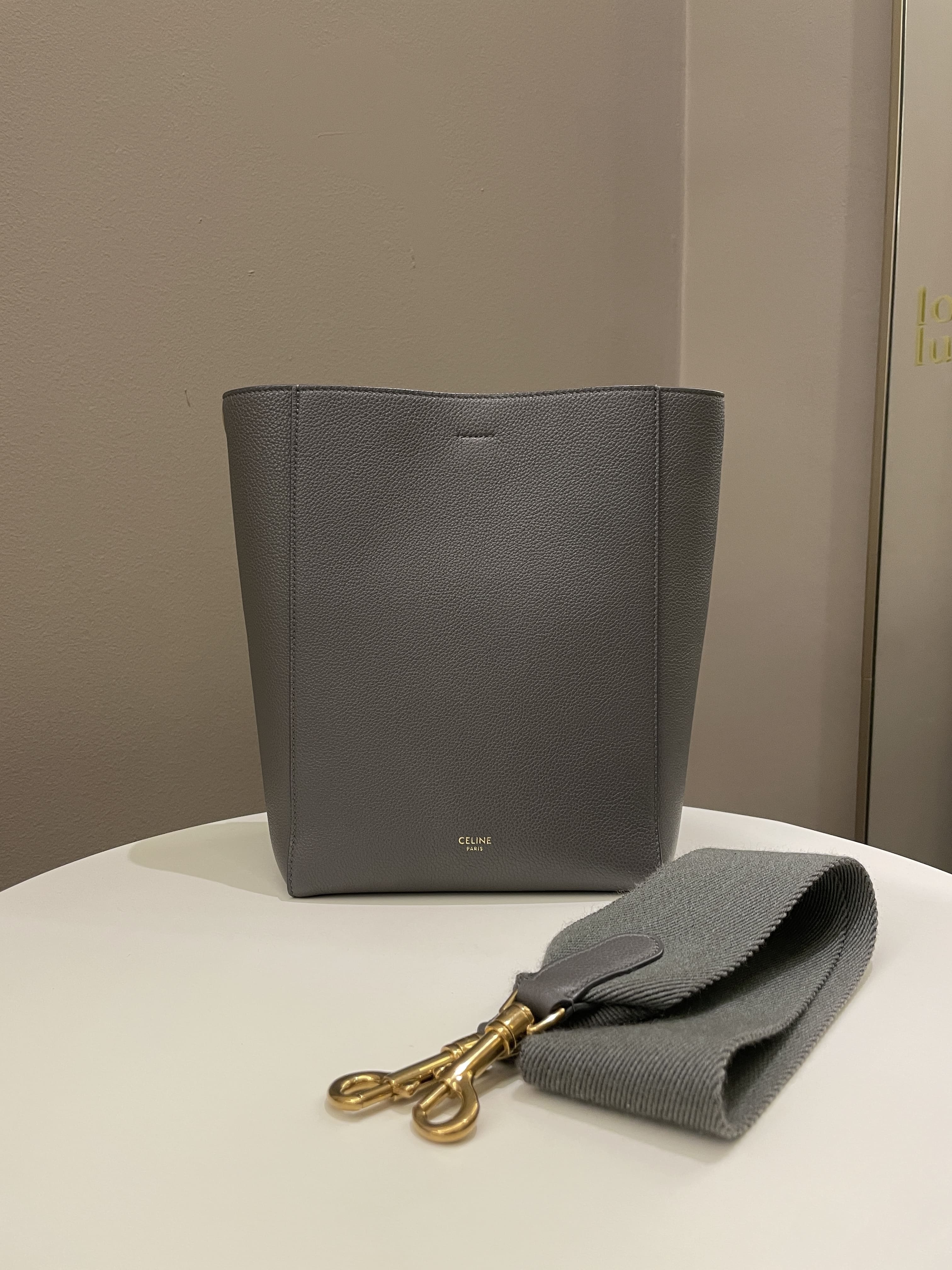 Celine Sangle Bucket Bag Grey Grainy Calfskin