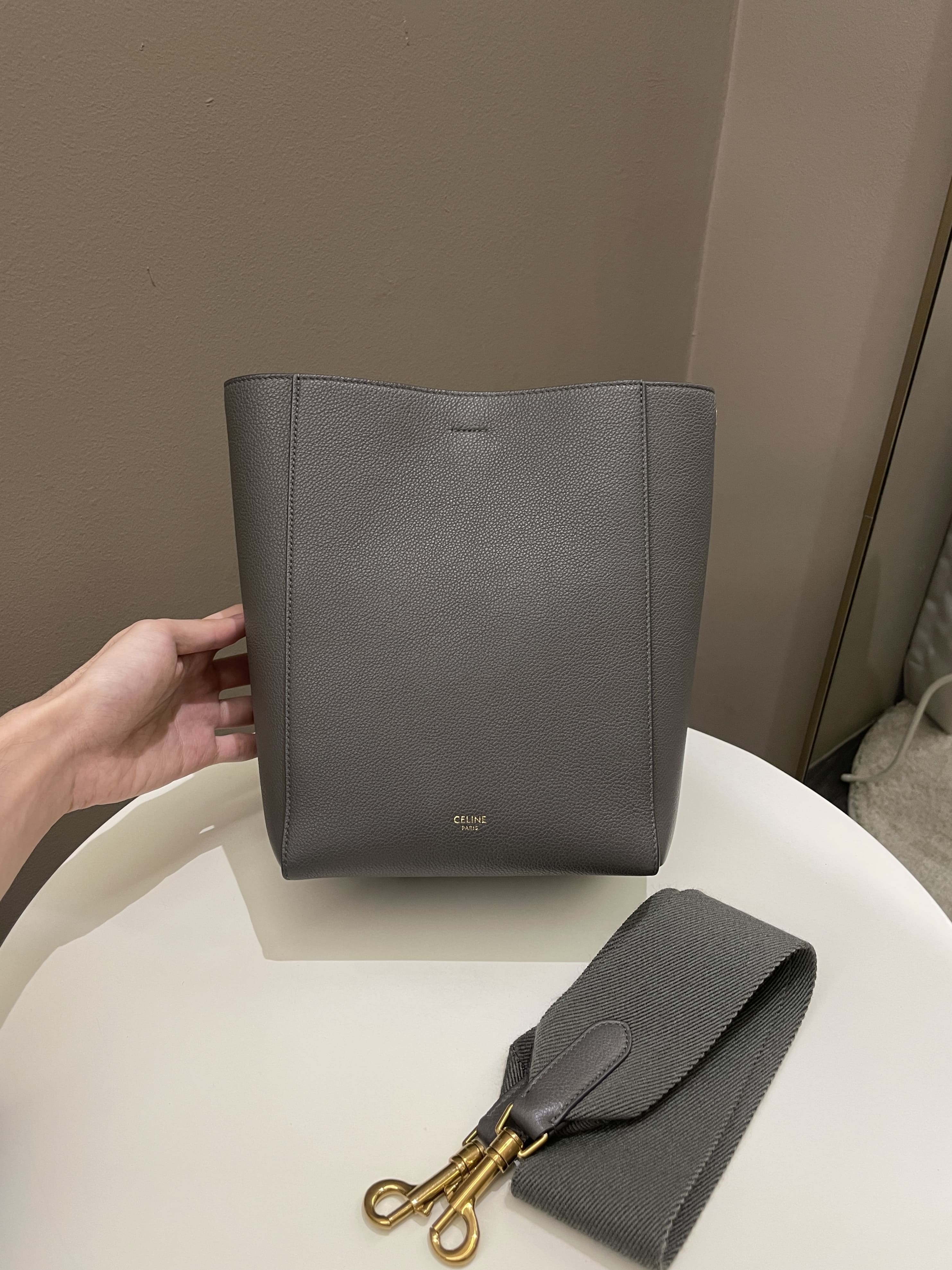 Celine Sangle Bucket Bag Grey Grainy Calfskin