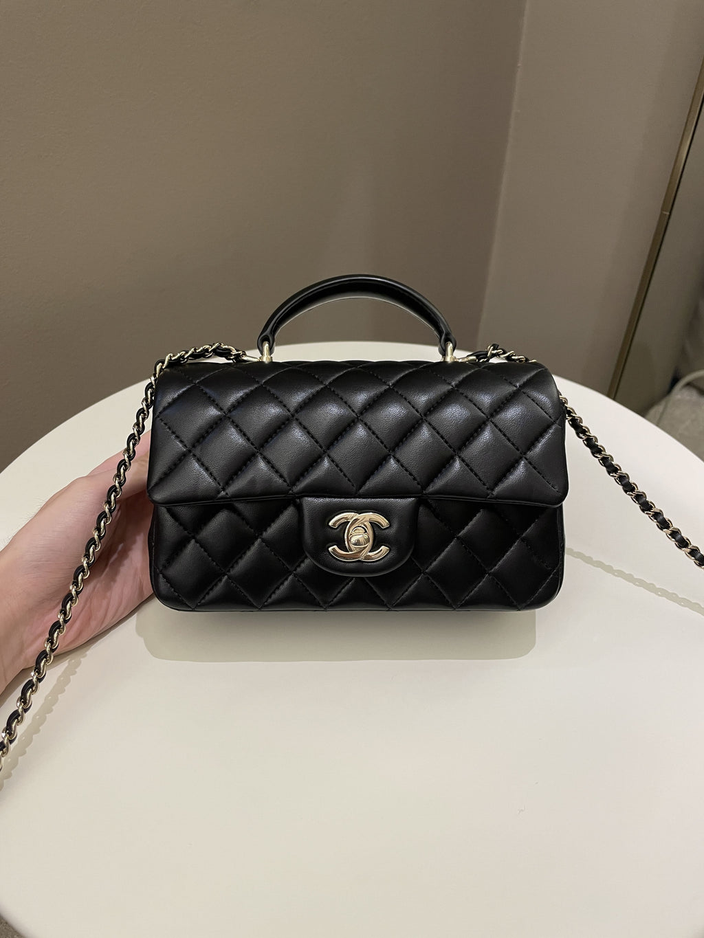 Chanel Quilted Top Handle Mini Rectangular Black Lambskin
