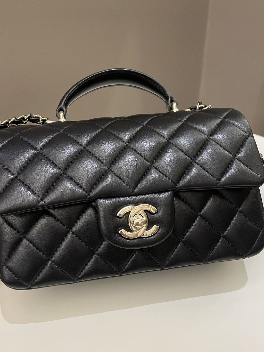 Chanel Quilted Top Handle Mini Rectangular Black Lambskin