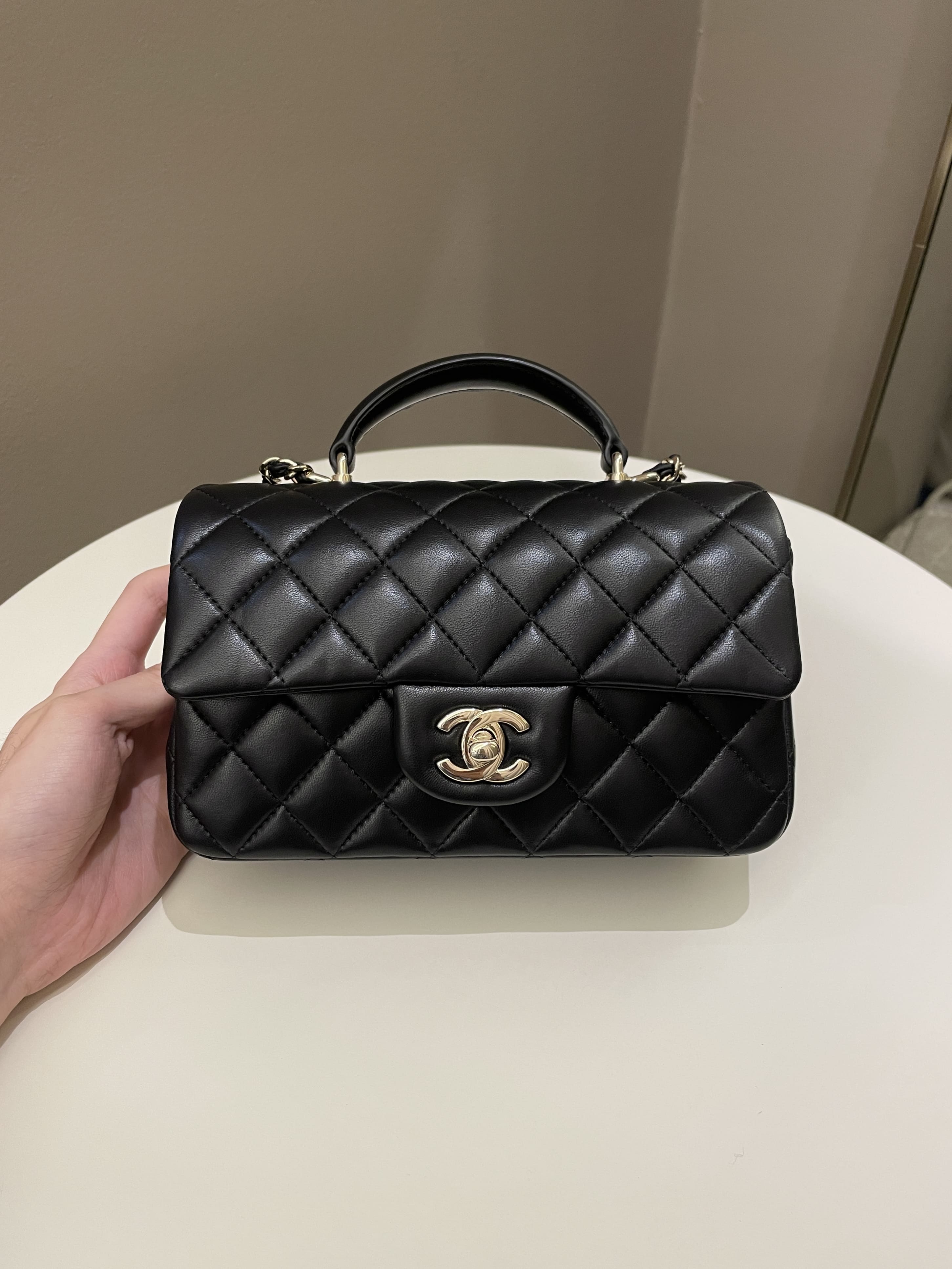 Chanel Quilted Top Handle Mini Rectangular Black Lambskin