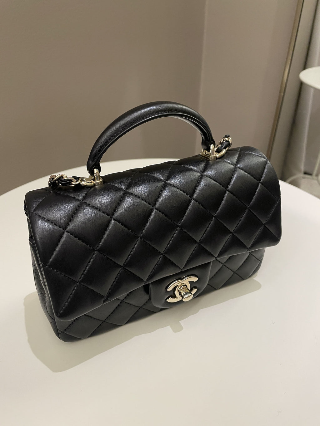 Chanel Quilted Top Handle Mini Rectangular Black Lambskin