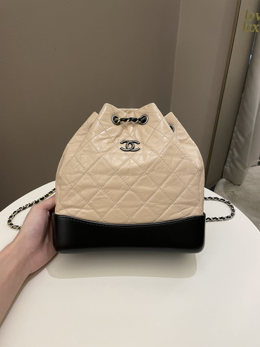 Chanel Gabrielle Backpack Beige / Black Aged Calfskin