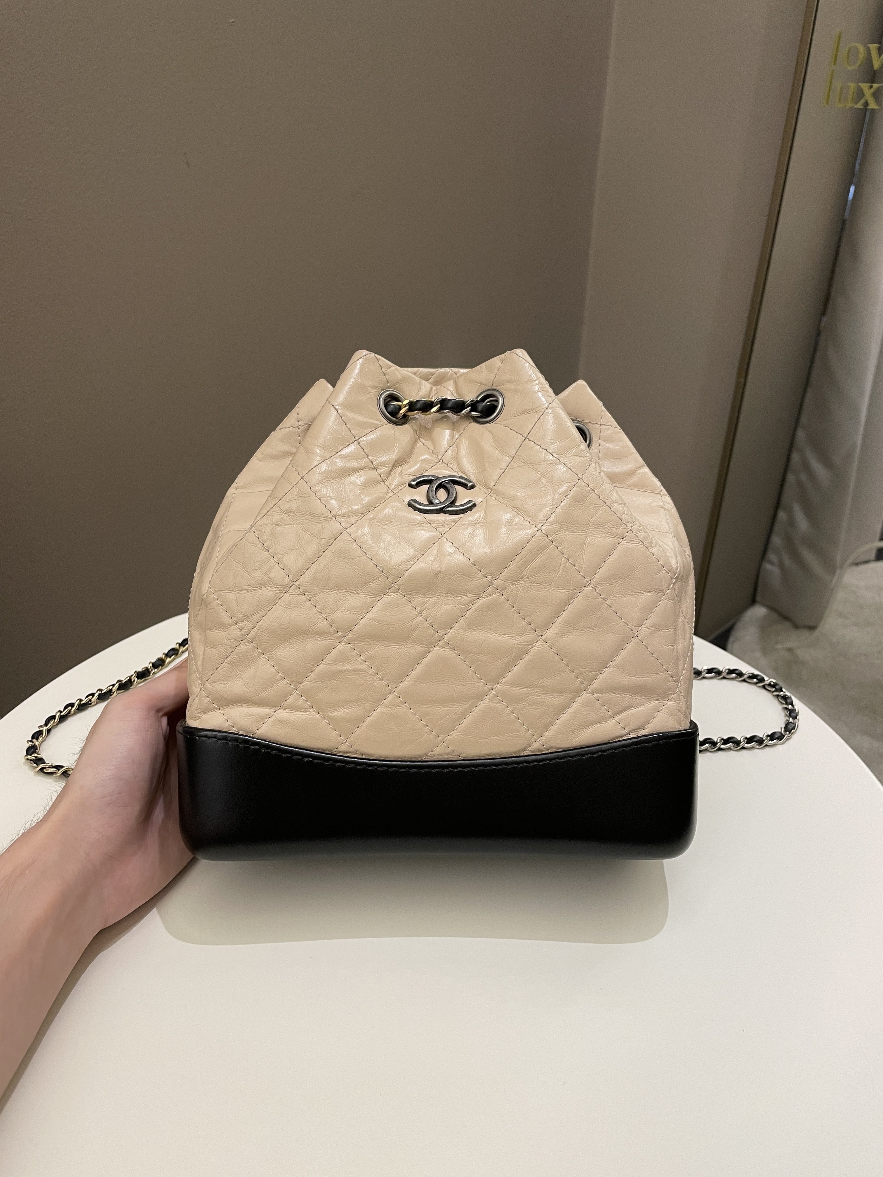 Chanel Gabrielle Backpack Beige / Black Aged Calfskin