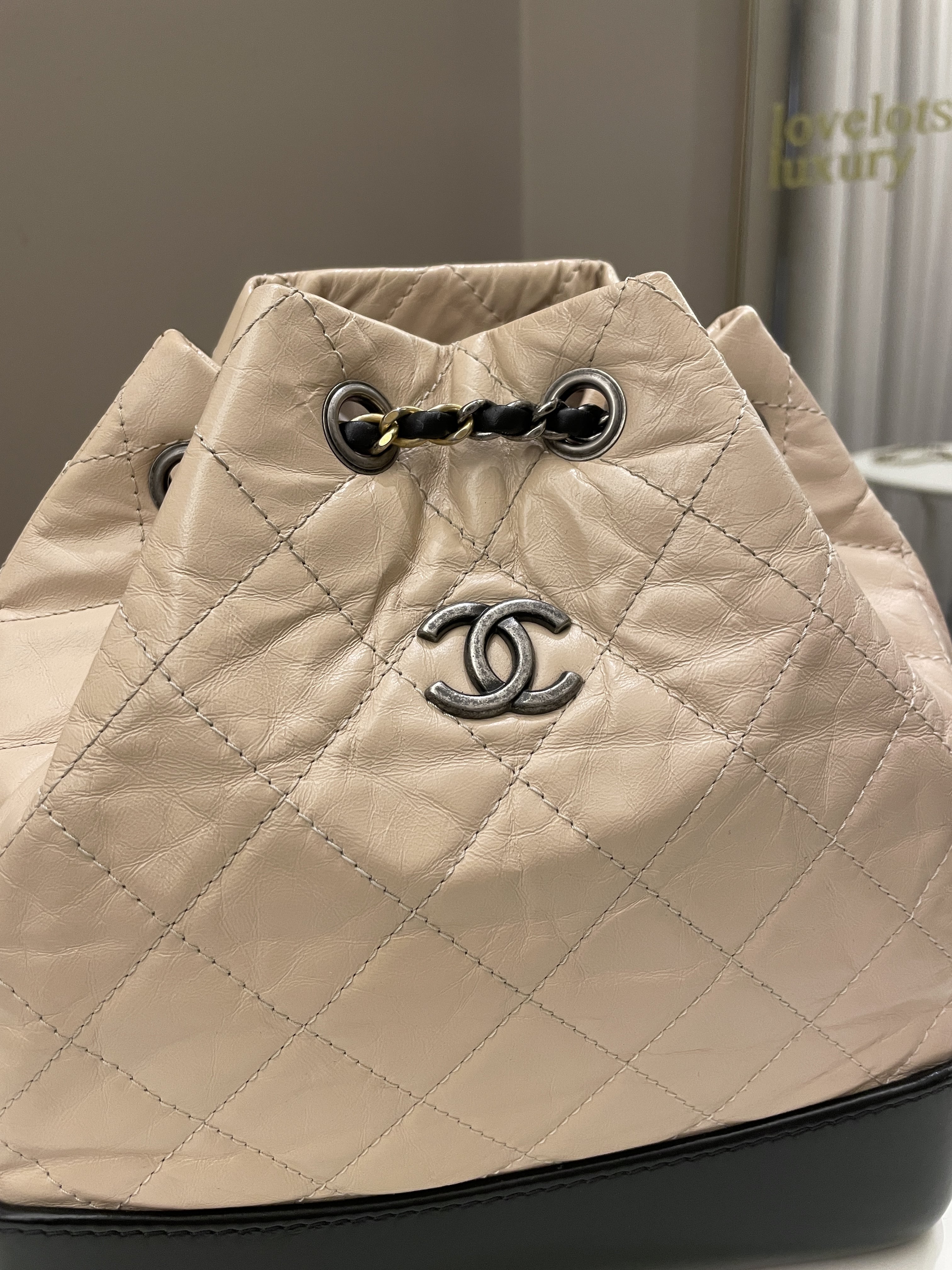 Chanel Gabrielle Backpack Beige / Black Aged Calfskin