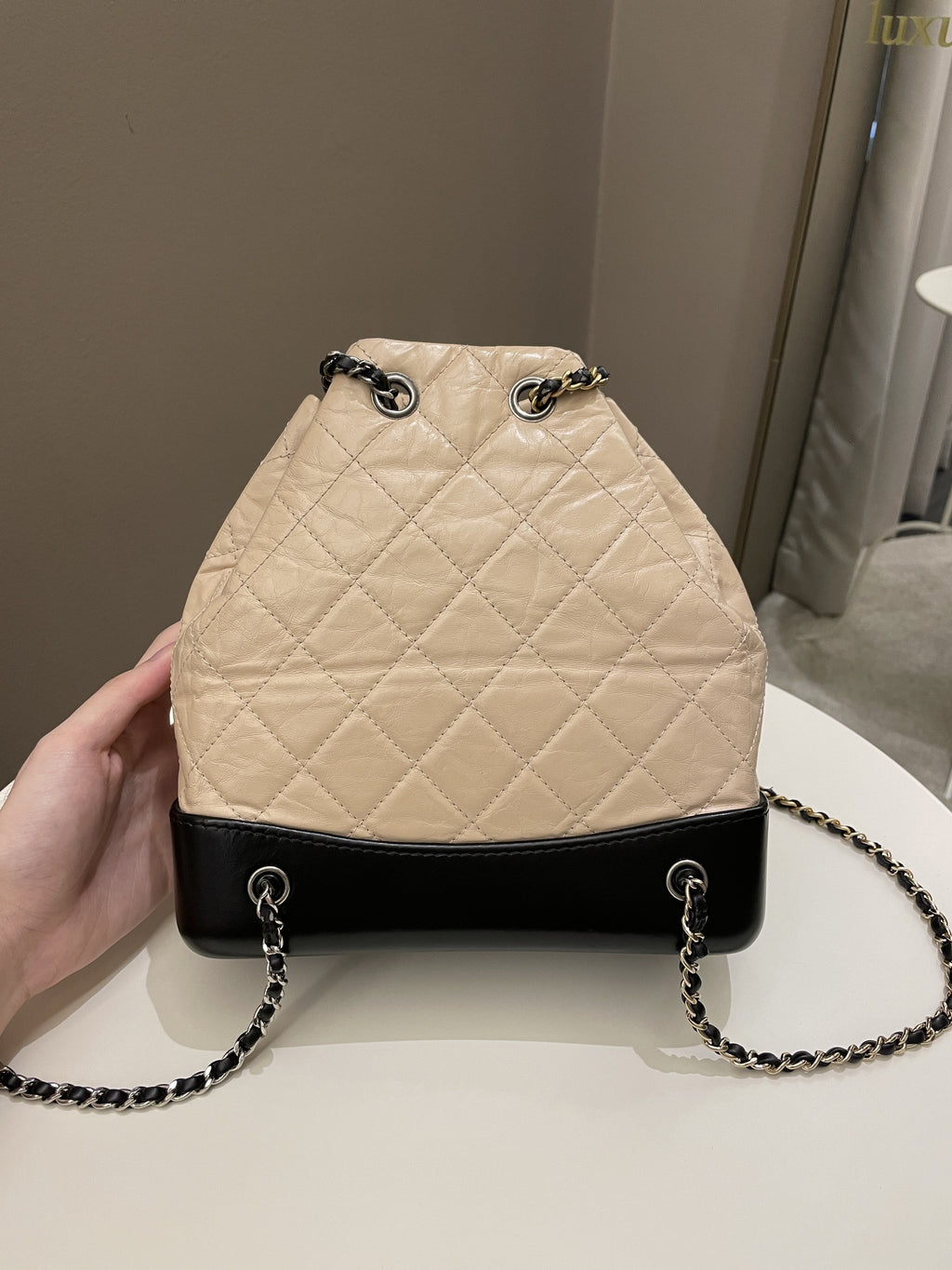 Chanel Gabrielle Backpack Beige / Black Aged Calfskin