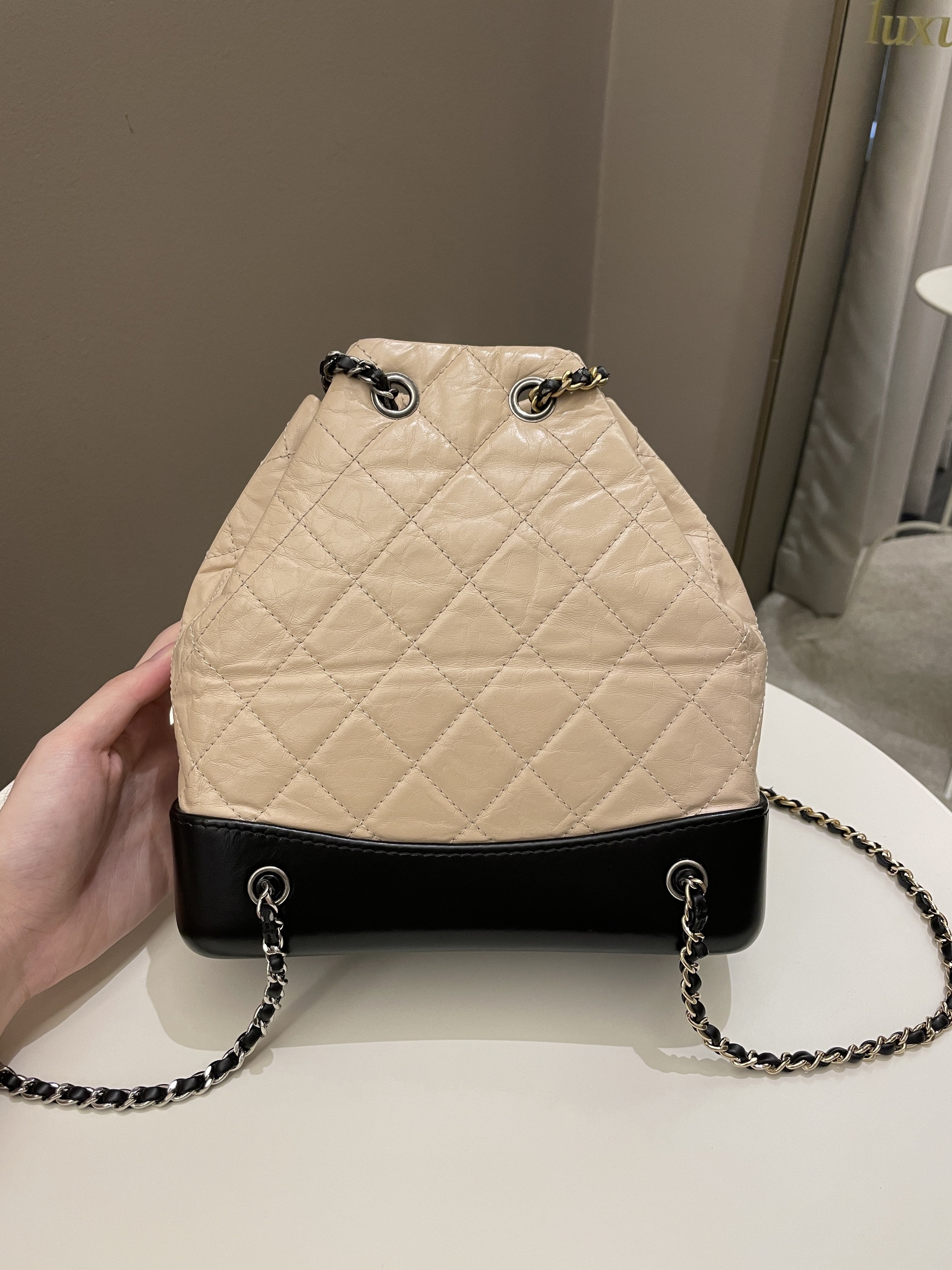 Chanel Gabrielle Backpack Beige / Black Aged Calfskin