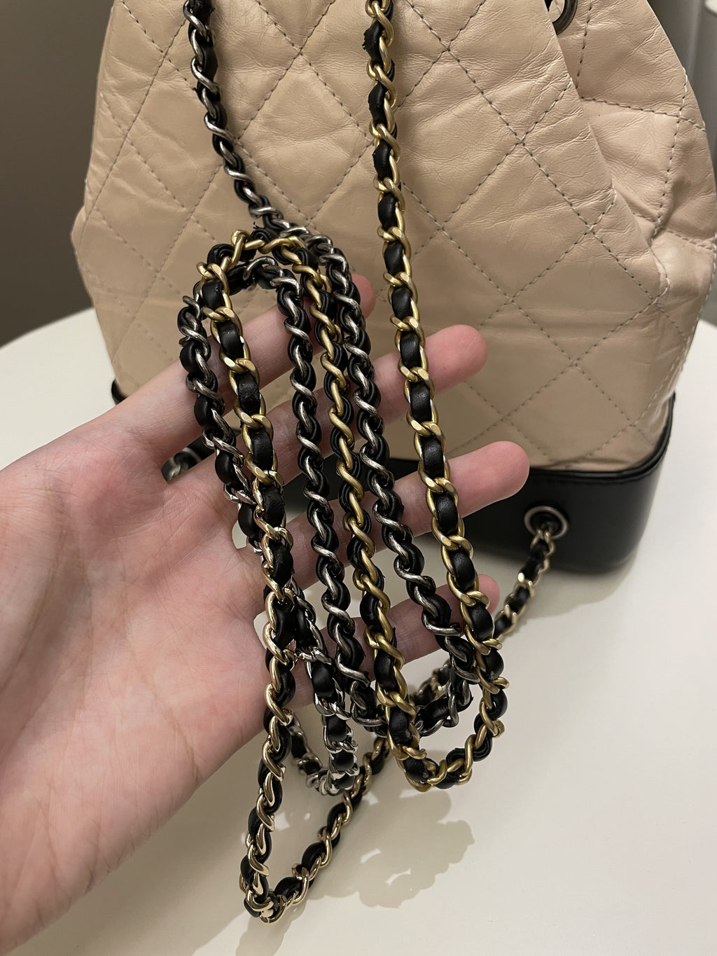 Chanel Gabrielle Backpack Beige / Black Aged Calfskin