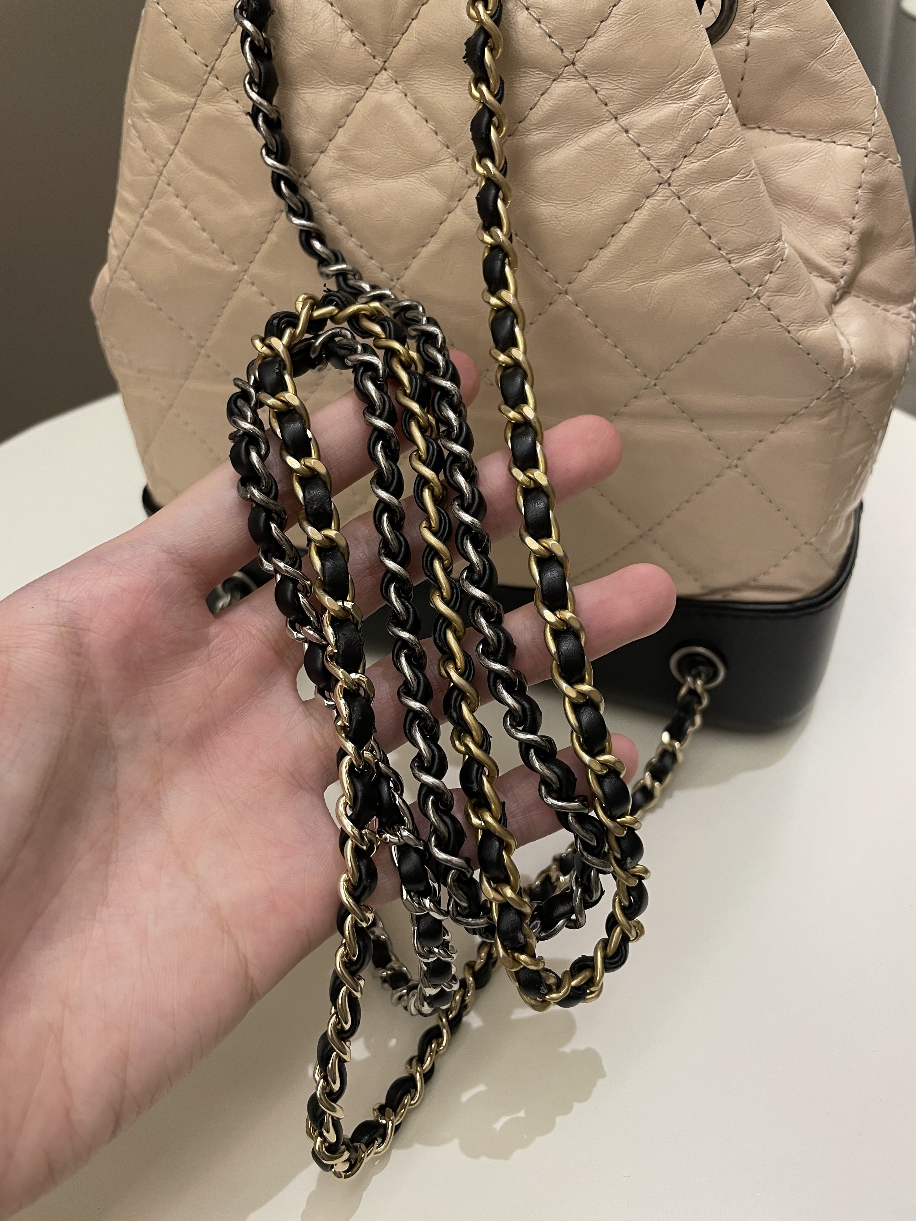 Chanel Gabrielle Backpack Beige / Black Aged Calfskin