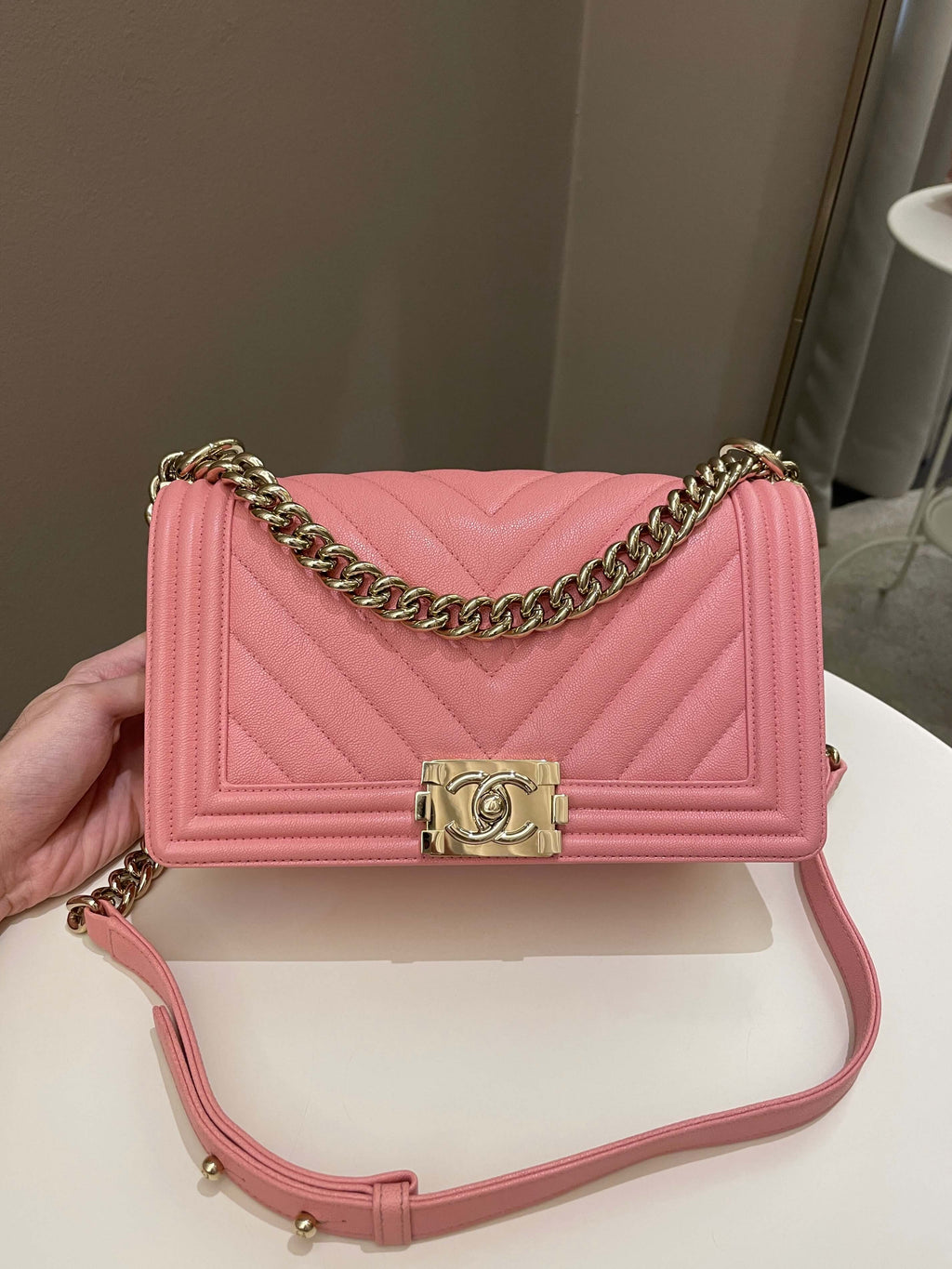 Chanel Chevron Boy Old Medium Sakura Pink Caviar