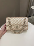 Chanel 21S Classic Quilted Medium Double Flap Iridescent Pearl Beige Calfskin