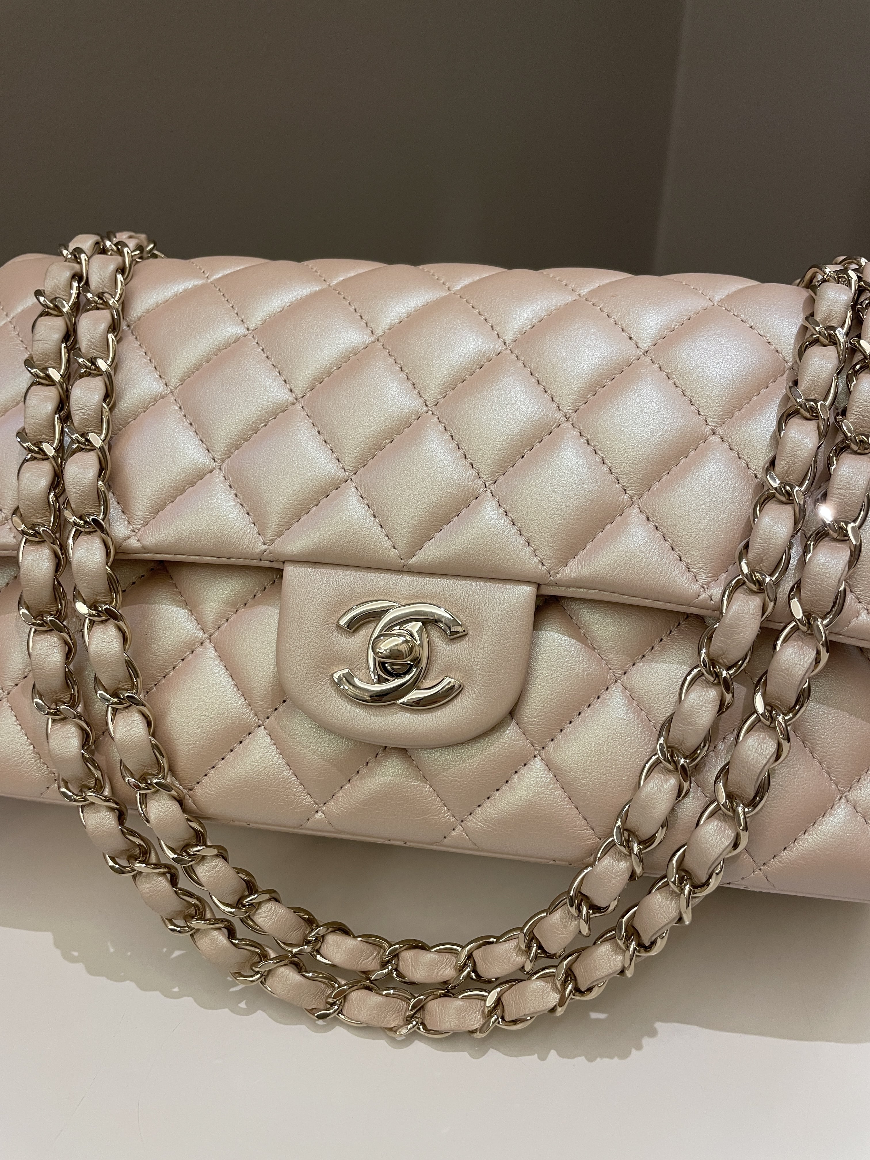 Chanel 21S Classic Quilted Medium Double Flap Iridescent Pearl Beige Calfskin