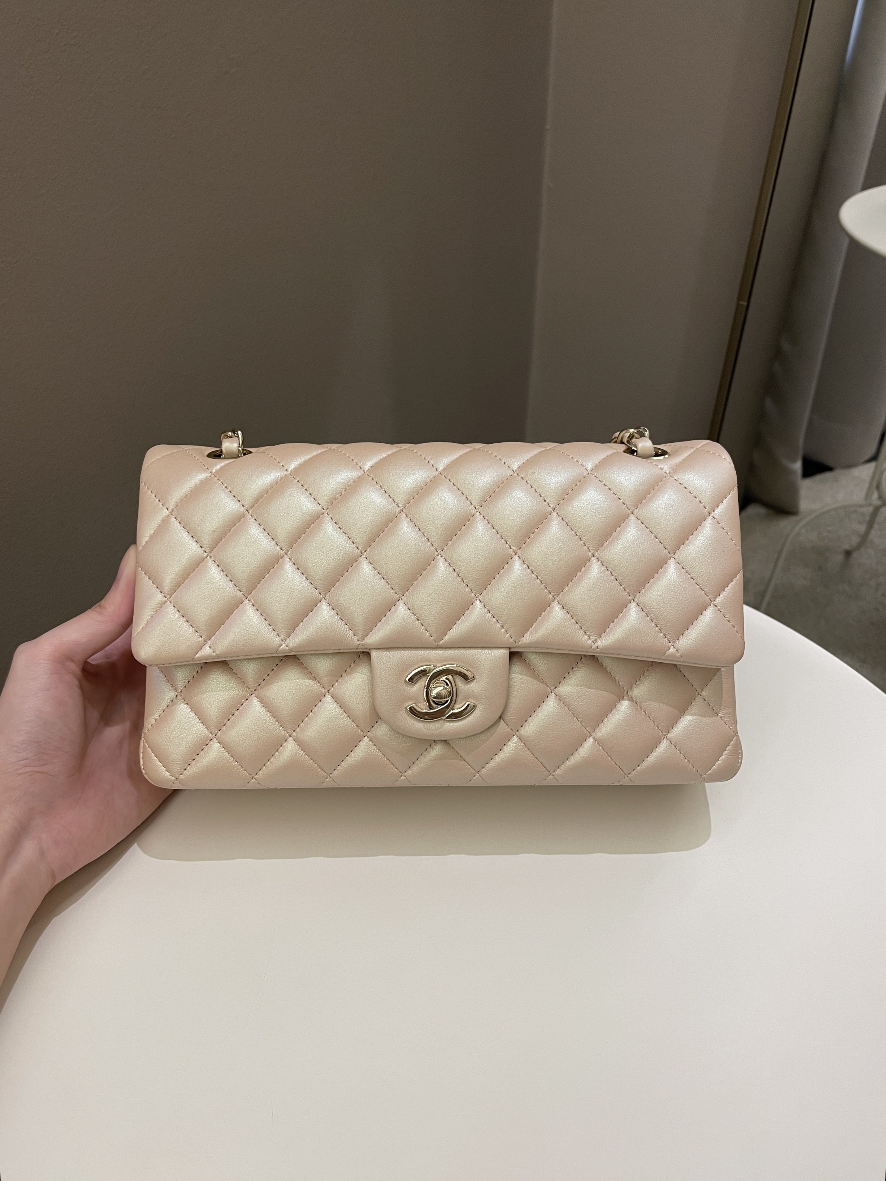 Chanel 21S Classic Quilted Medium Double Flap Iridescent Pearl Beige Calfskin
