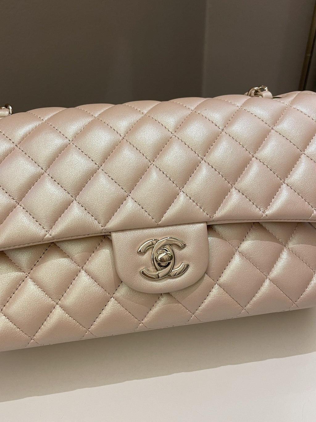 Chanel 21S Classic Quilted Medium Double Flap Iridescent Pearl Beige Calfskin