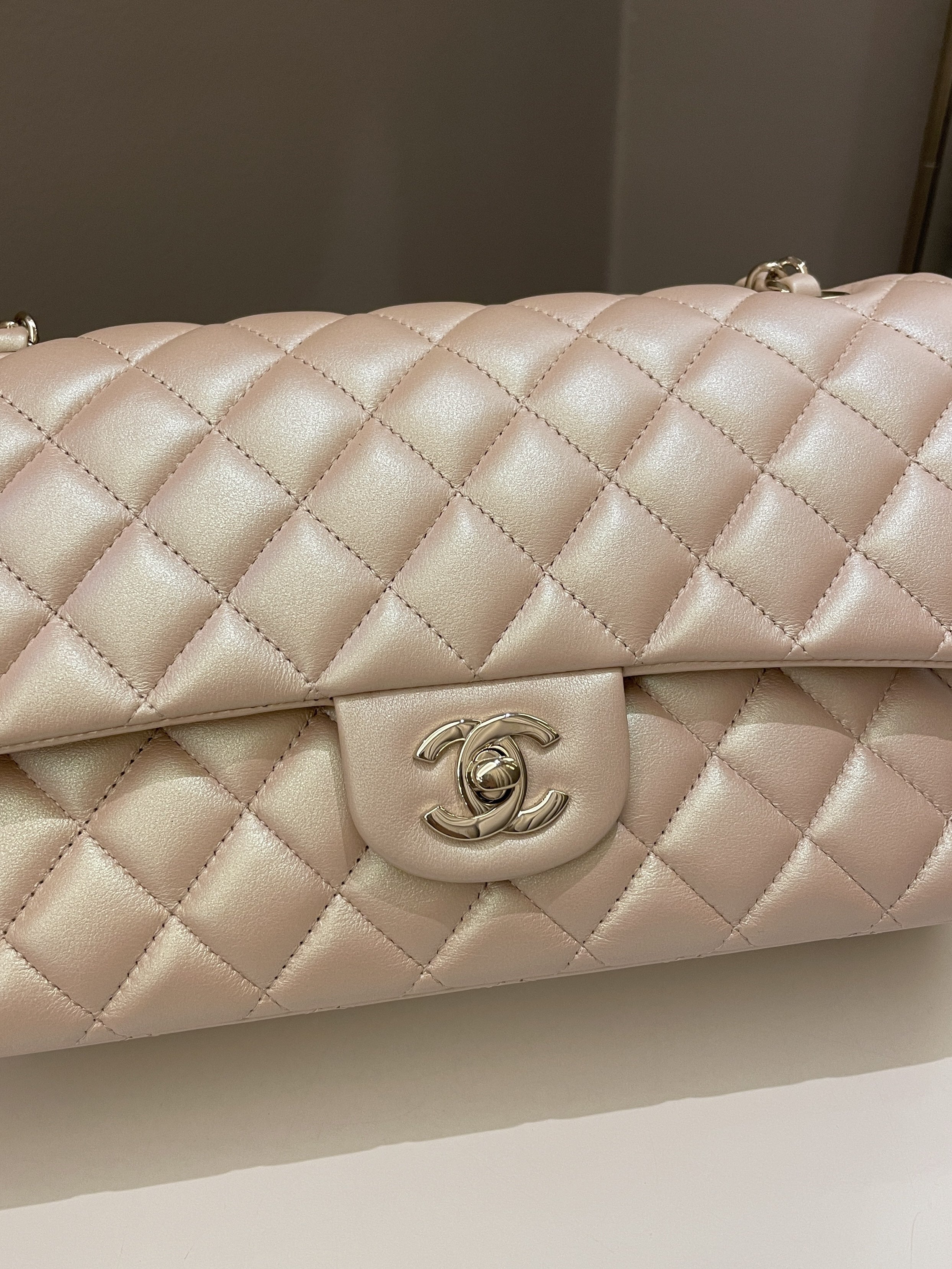 Chanel 21S Classic Quilted Medium Double Flap Iridescent Pearl Beige Calfskin