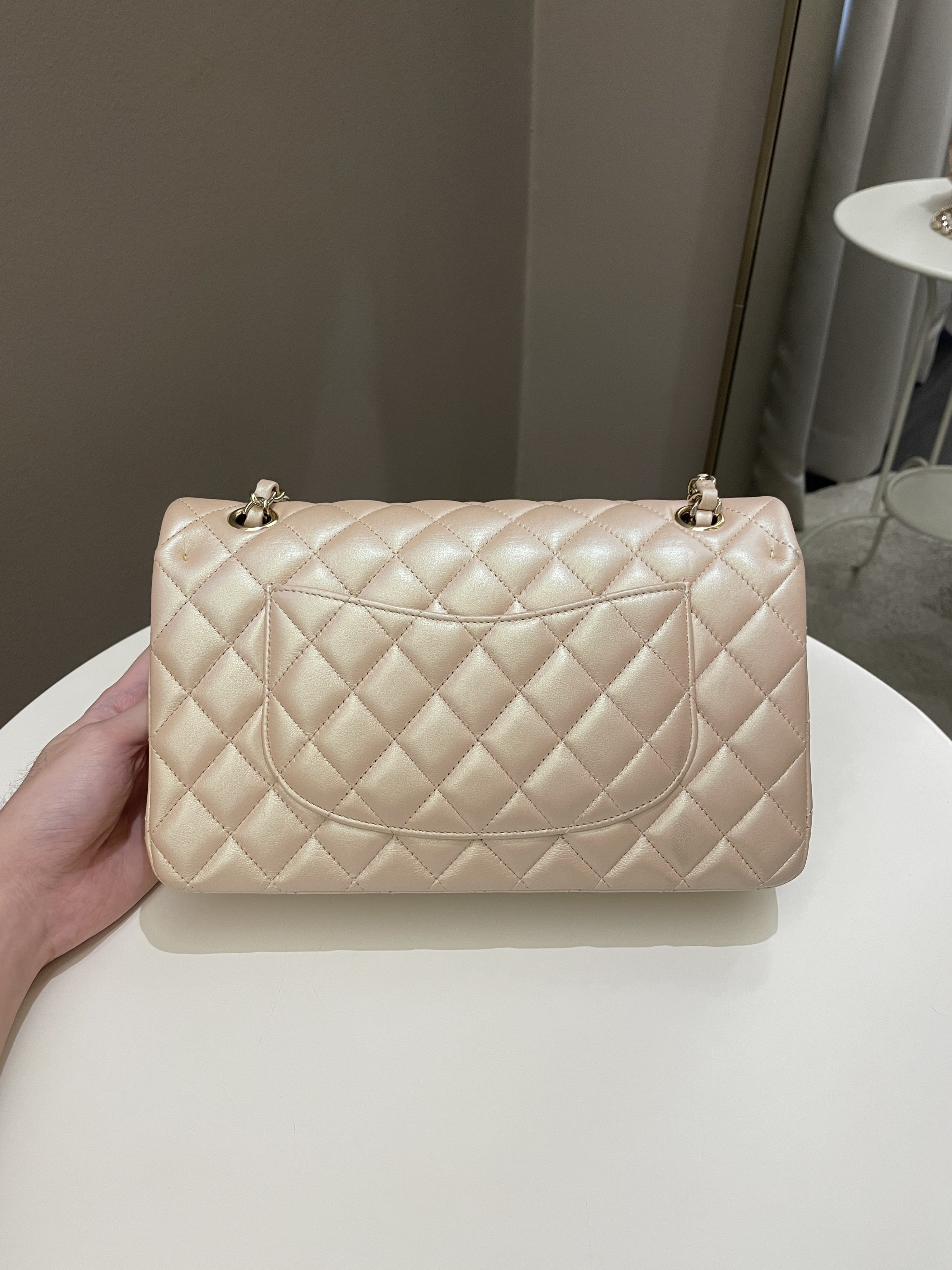 Chanel 21S Classic Quilted Medium Double Flap Iridescent Pearl Beige Calfskin