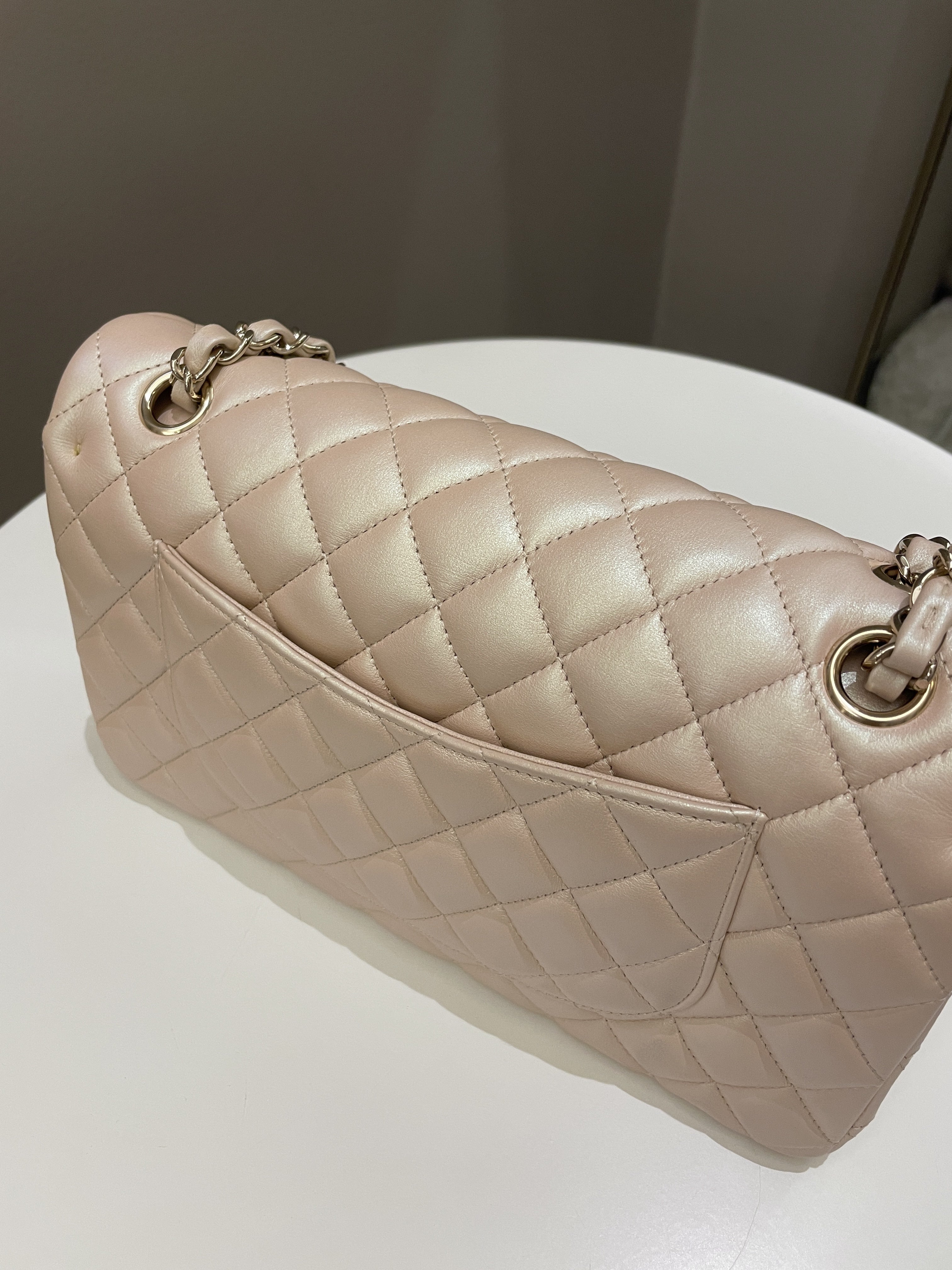 Chanel 21S Classic Quilted Medium Double Flap Iridescent Pearl Beige Calfskin