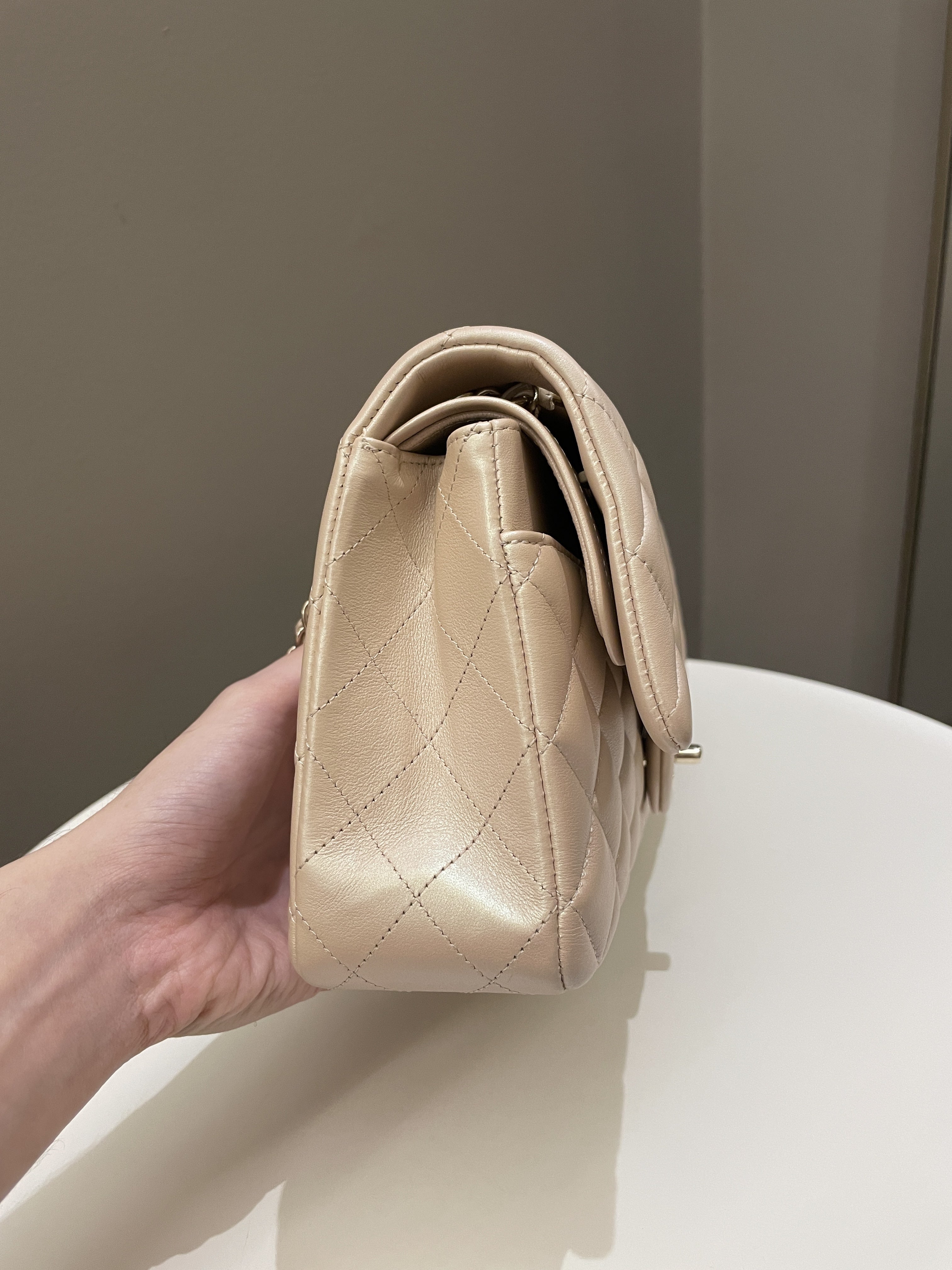 Chanel 21S Classic Quilted Medium Double Flap Iridescent Pearl Beige Calfskin