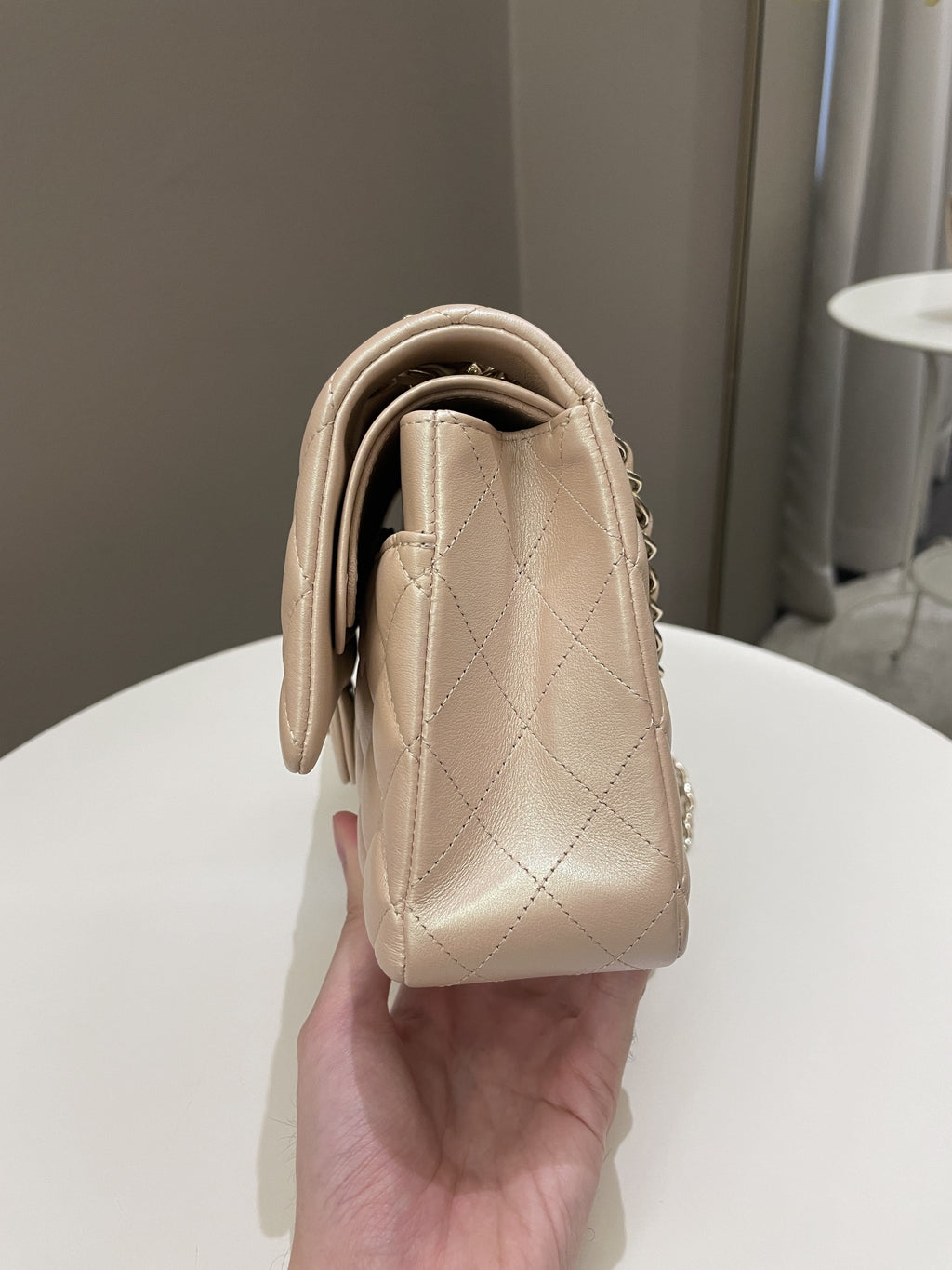 Chanel 21S Classic Quilted Medium Double Flap Iridescent Pearl Beige Calfskin