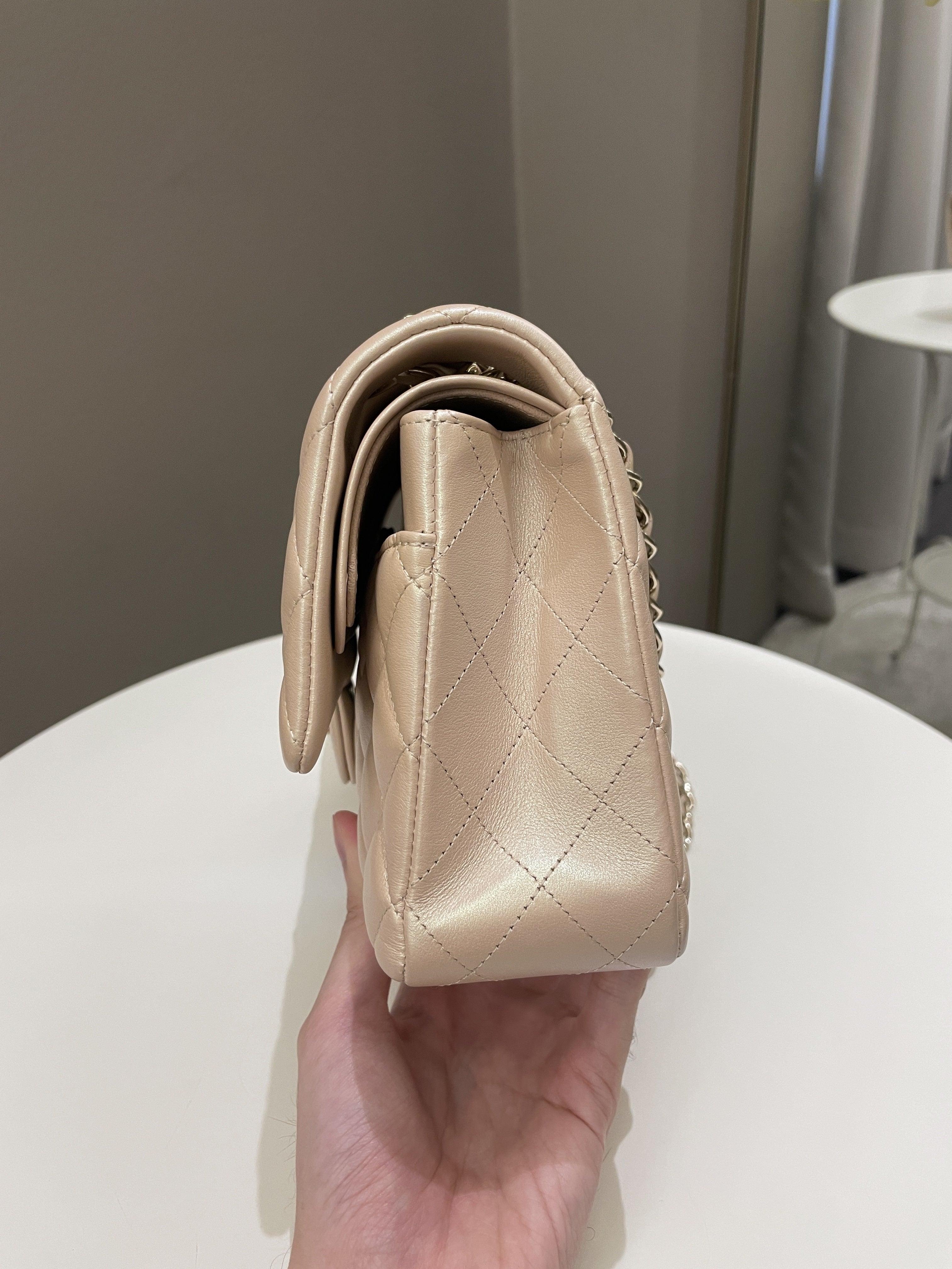 Chanel 21S Classic Quilted Medium Double Flap Iridescent Pearl Beige Calfskin