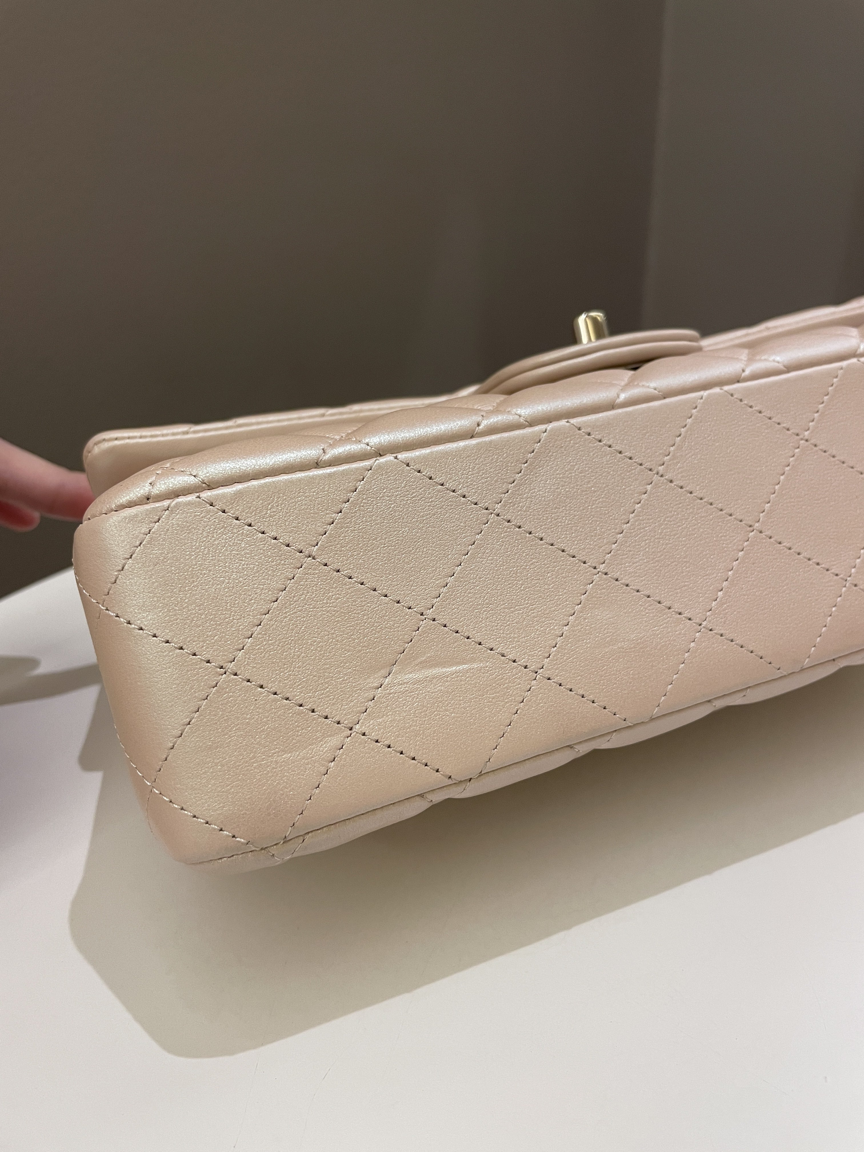 Chanel 21S Classic Quilted Medium Double Flap Iridescent Pearl Beige Calfskin