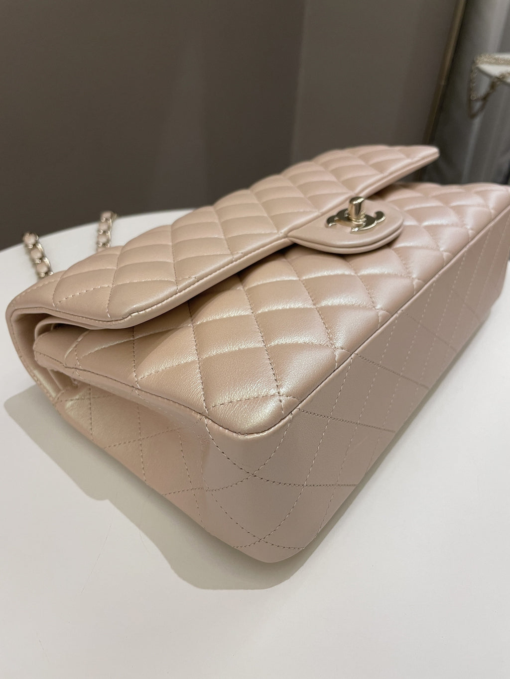 Chanel 21S Classic Quilted Medium Double Flap Iridescent Pearl Beige Calfskin