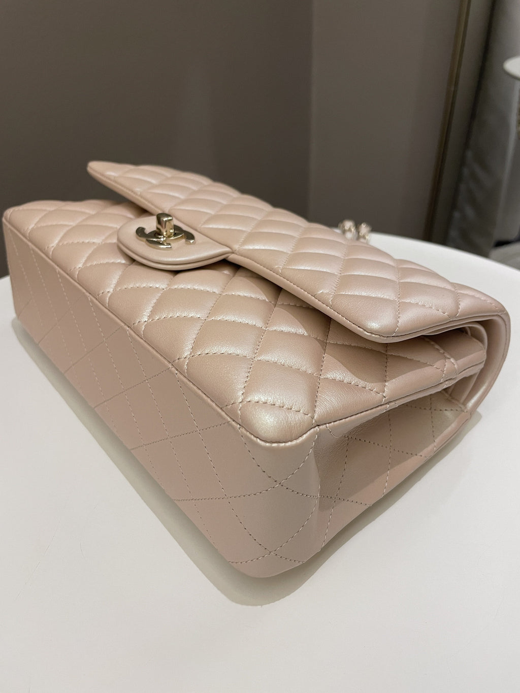 Chanel 21S Classic Quilted Medium Double Flap Iridescent Pearl Beige Calfskin