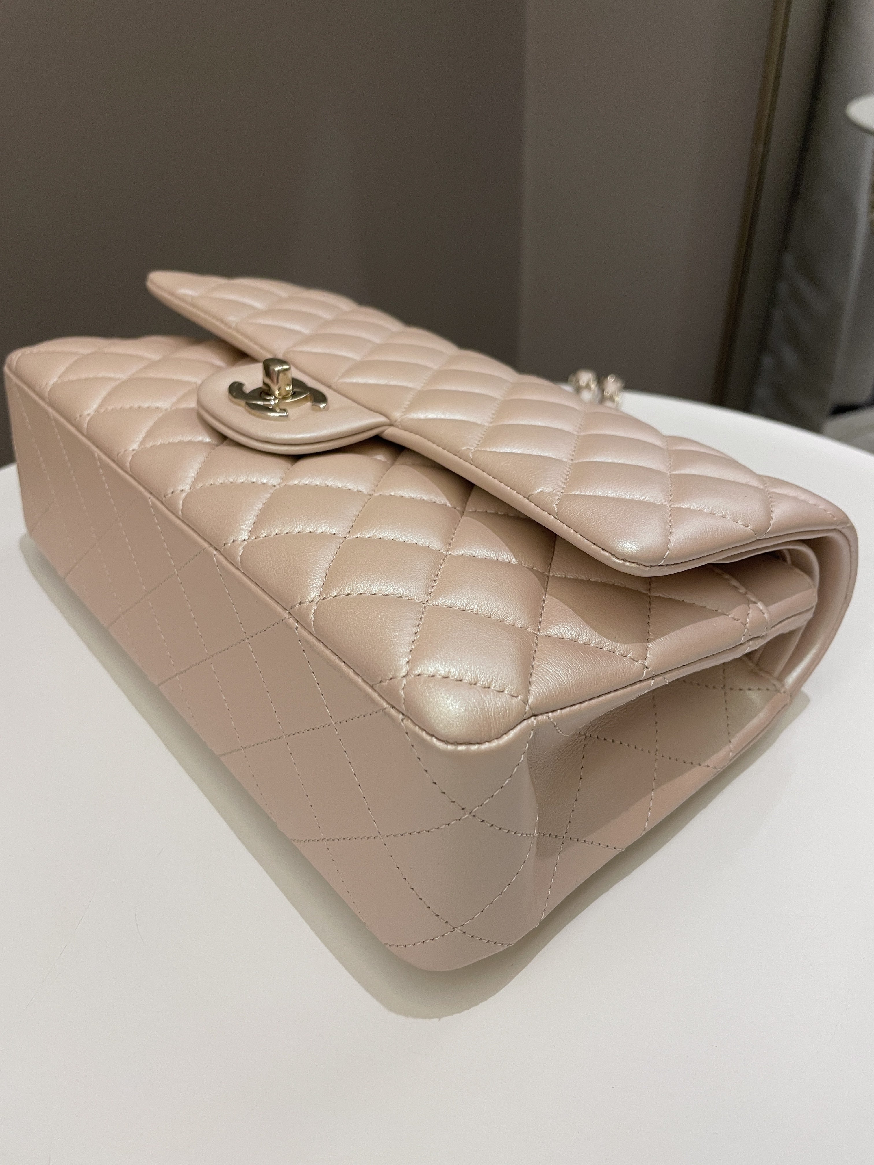 Chanel 21S Classic Quilted Medium Double Flap Iridescent Pearl Beige Calfskin