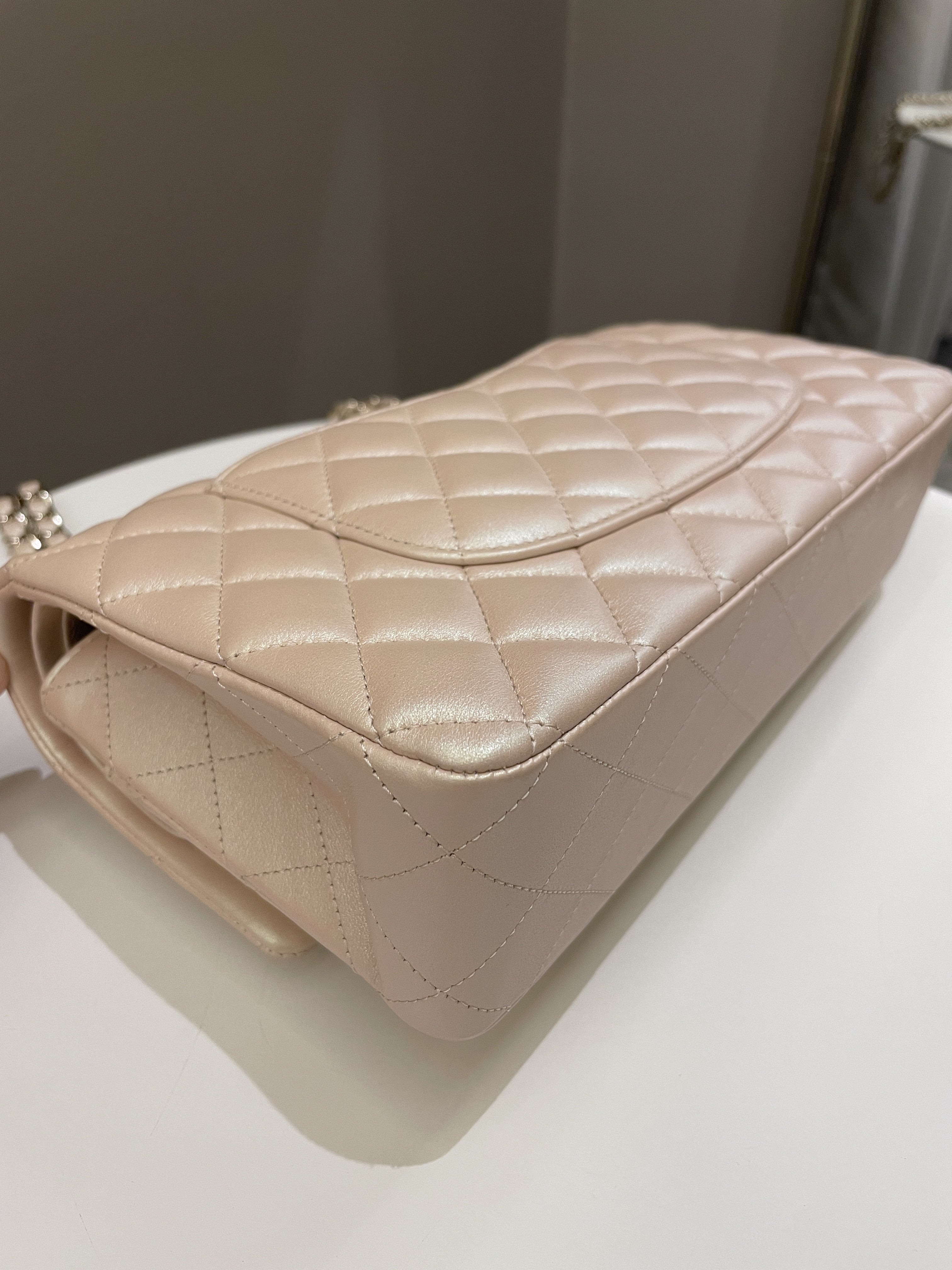 Chanel 21S Classic Quilted Medium Double Flap Iridescent Pearl Beige Calfskin