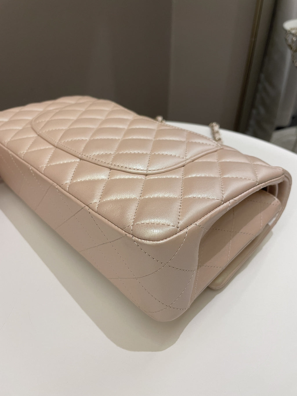 Chanel 21S Classic Quilted Medium Double Flap Iridescent Pearl Beige Calfskin