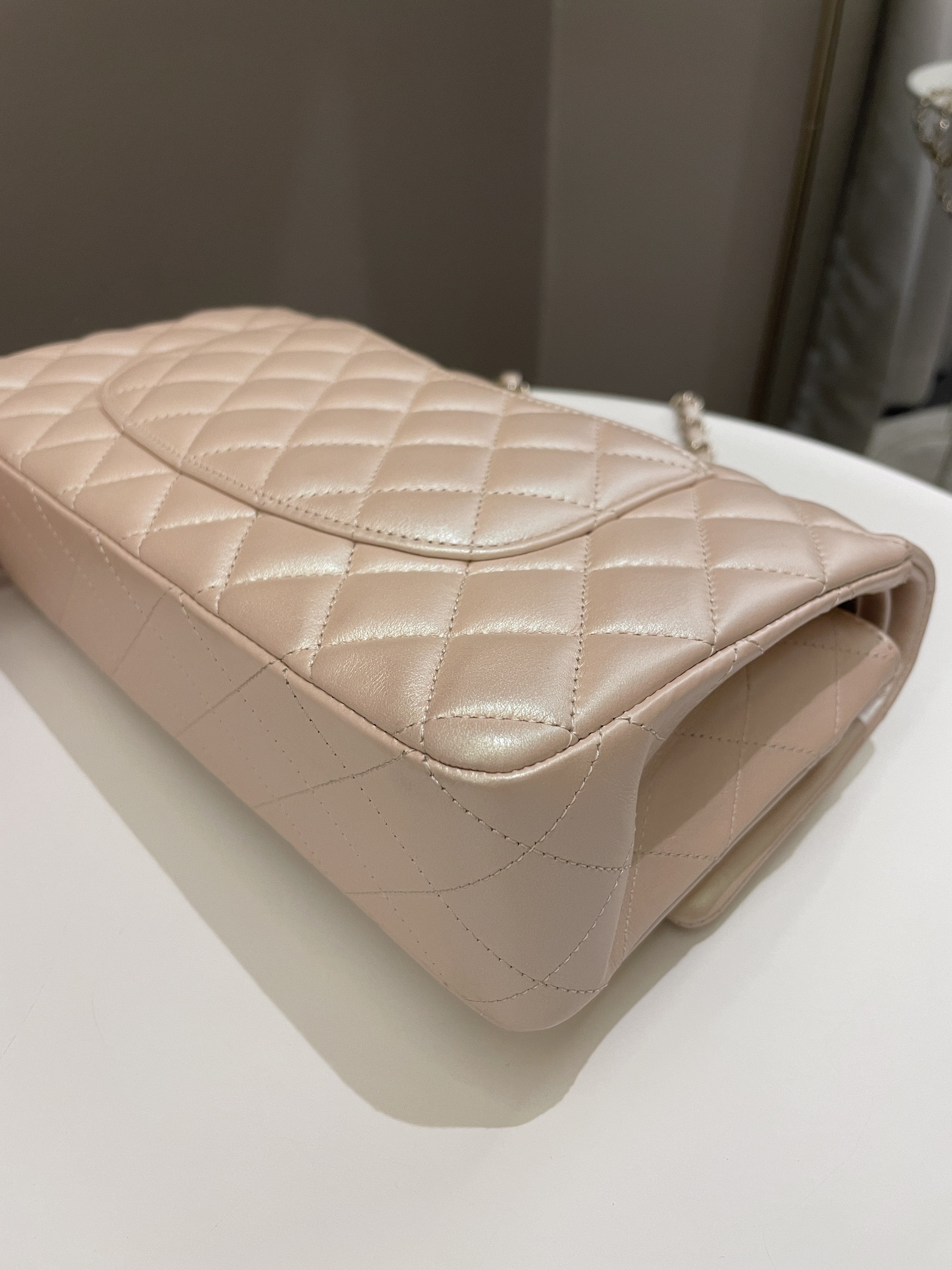 Chanel 21S Classic Quilted Medium Double Flap Iridescent Pearl Beige Calfskin
