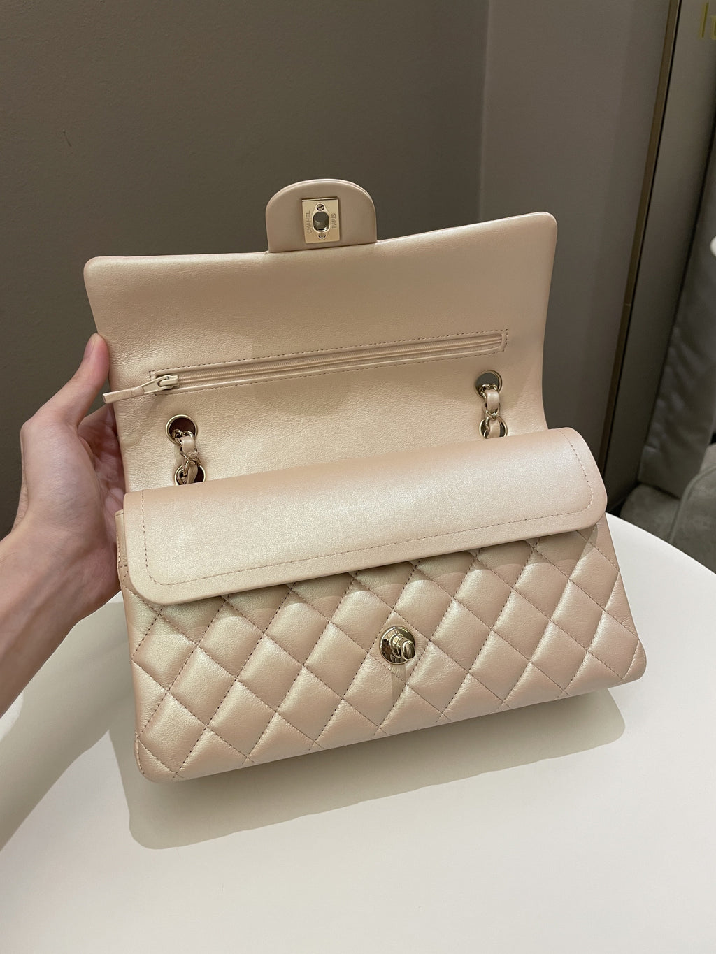 Chanel 21S Classic Quilted Medium Double Flap Iridescent Pearl Beige Calfskin