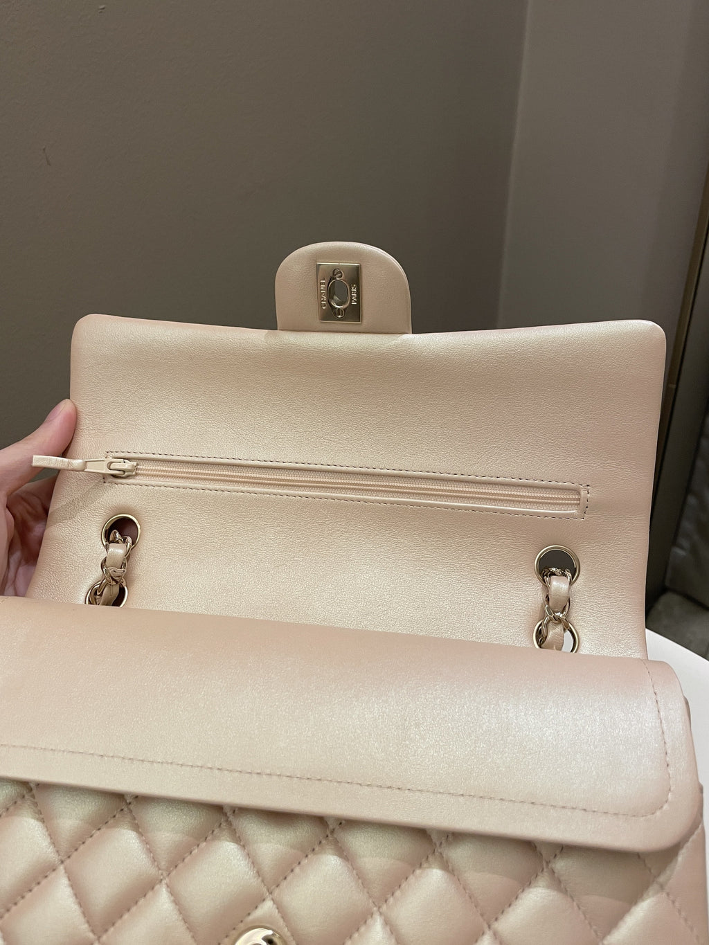 Chanel 21S Classic Quilted Medium Double Flap Iridescent Pearl Beige Calfskin