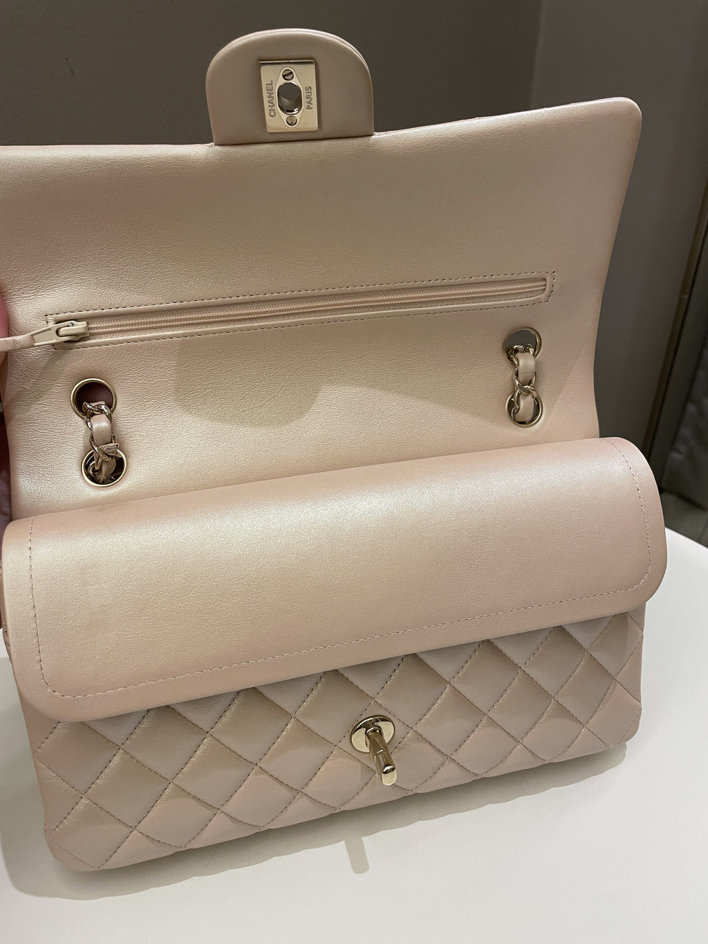 Chanel 21S Classic Quilted Medium Double Flap Iridescent Pearl Beige Calfskin