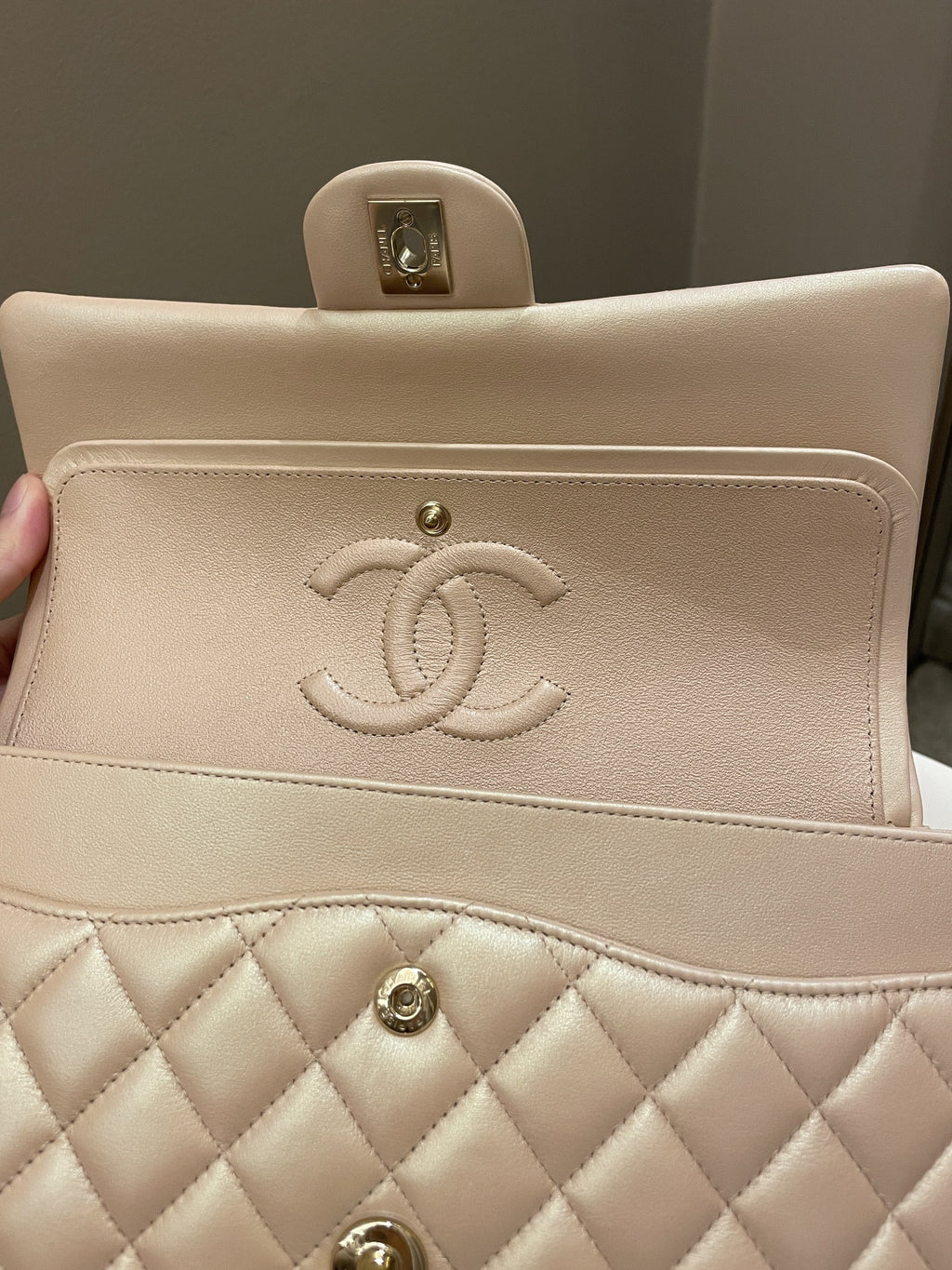 Chanel 21S Classic Quilted Medium Double Flap Iridescent Pearl Beige Calfskin