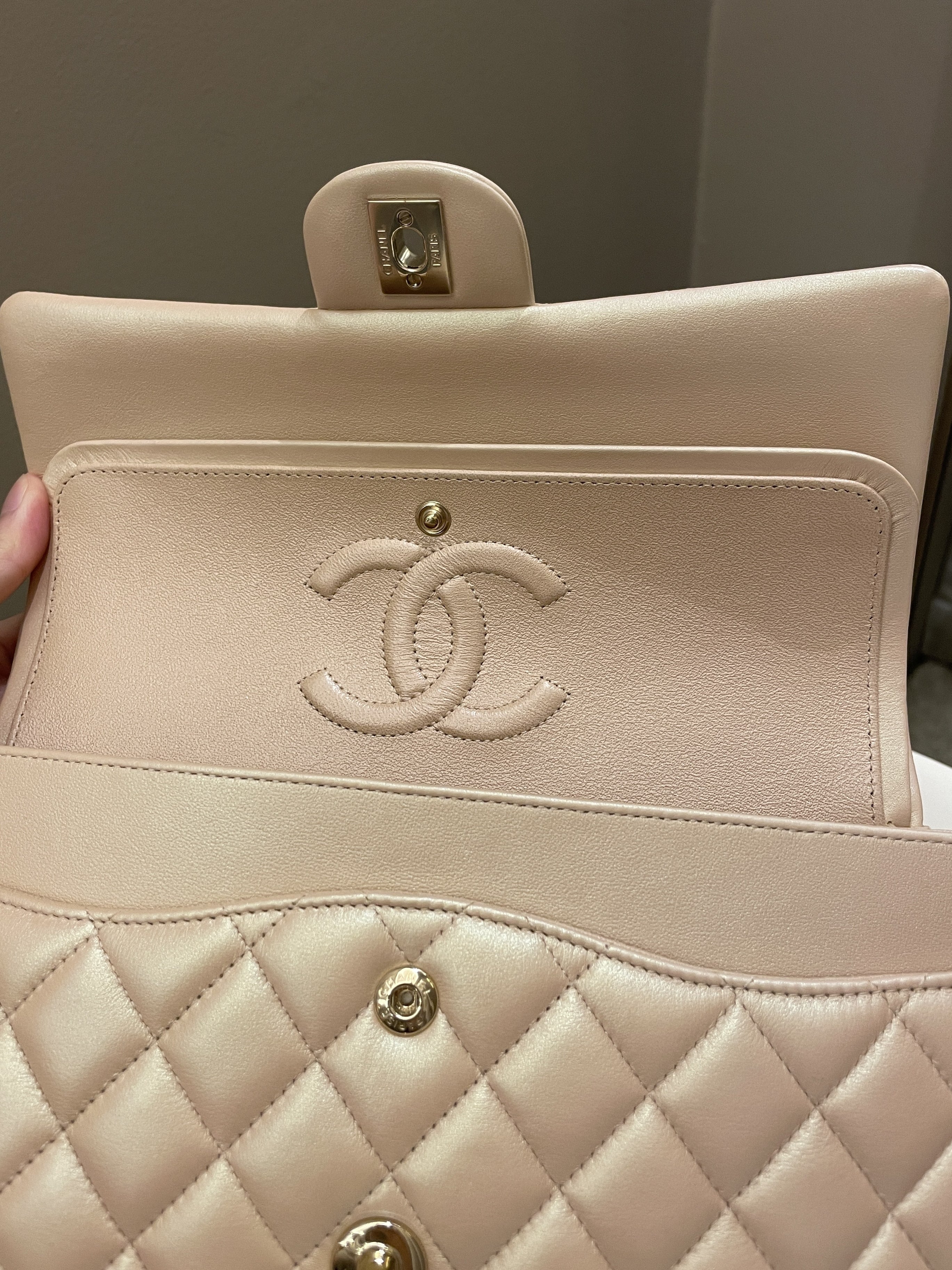 Chanel 21S Classic Quilted Medium Double Flap Iridescent Pearl Beige Calfskin