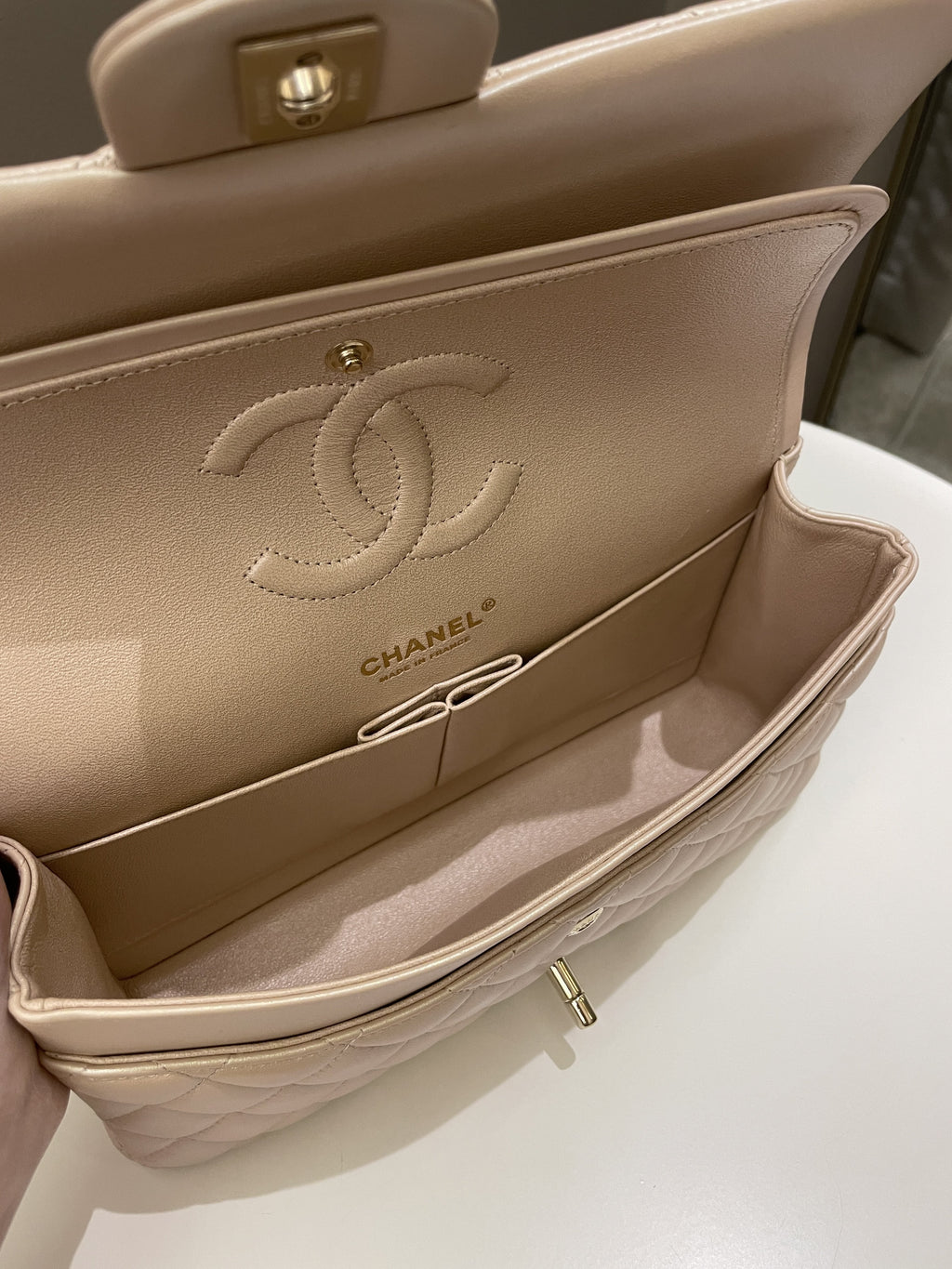 Chanel 21S Classic Quilted Medium Double Flap Iridescent Pearl Beige Calfskin