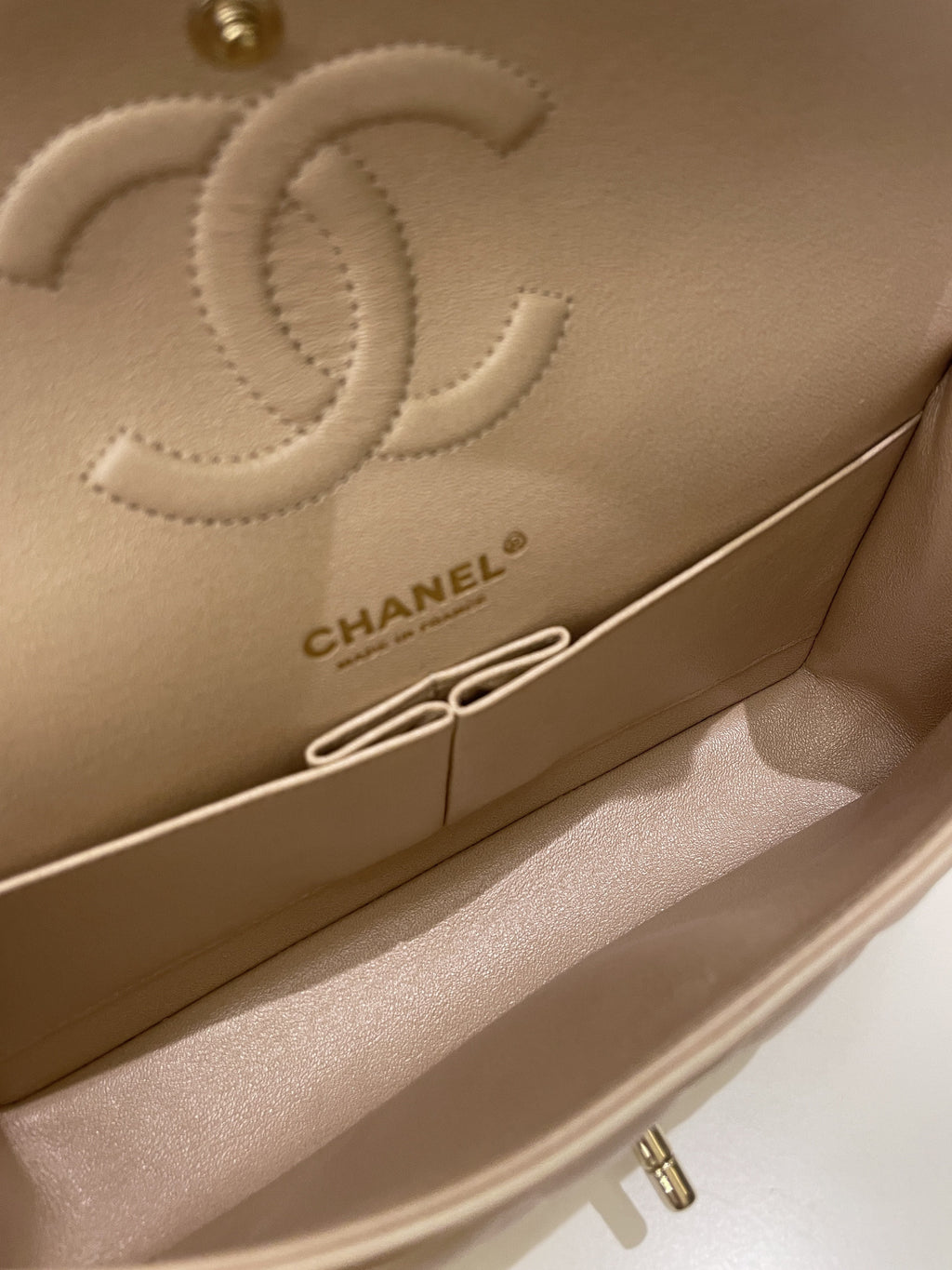 Chanel 21S Classic Quilted Medium Double Flap Iridescent Pearl Beige Calfskin