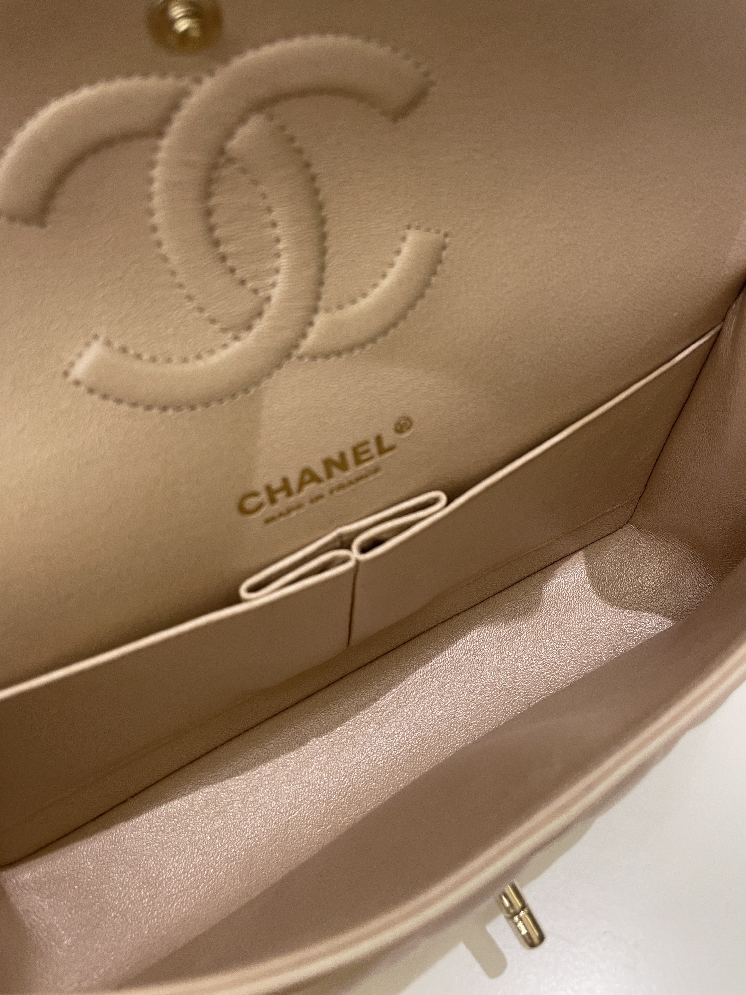 Chanel 21S Classic Quilted Medium Double Flap Iridescent Pearl Beige Calfskin